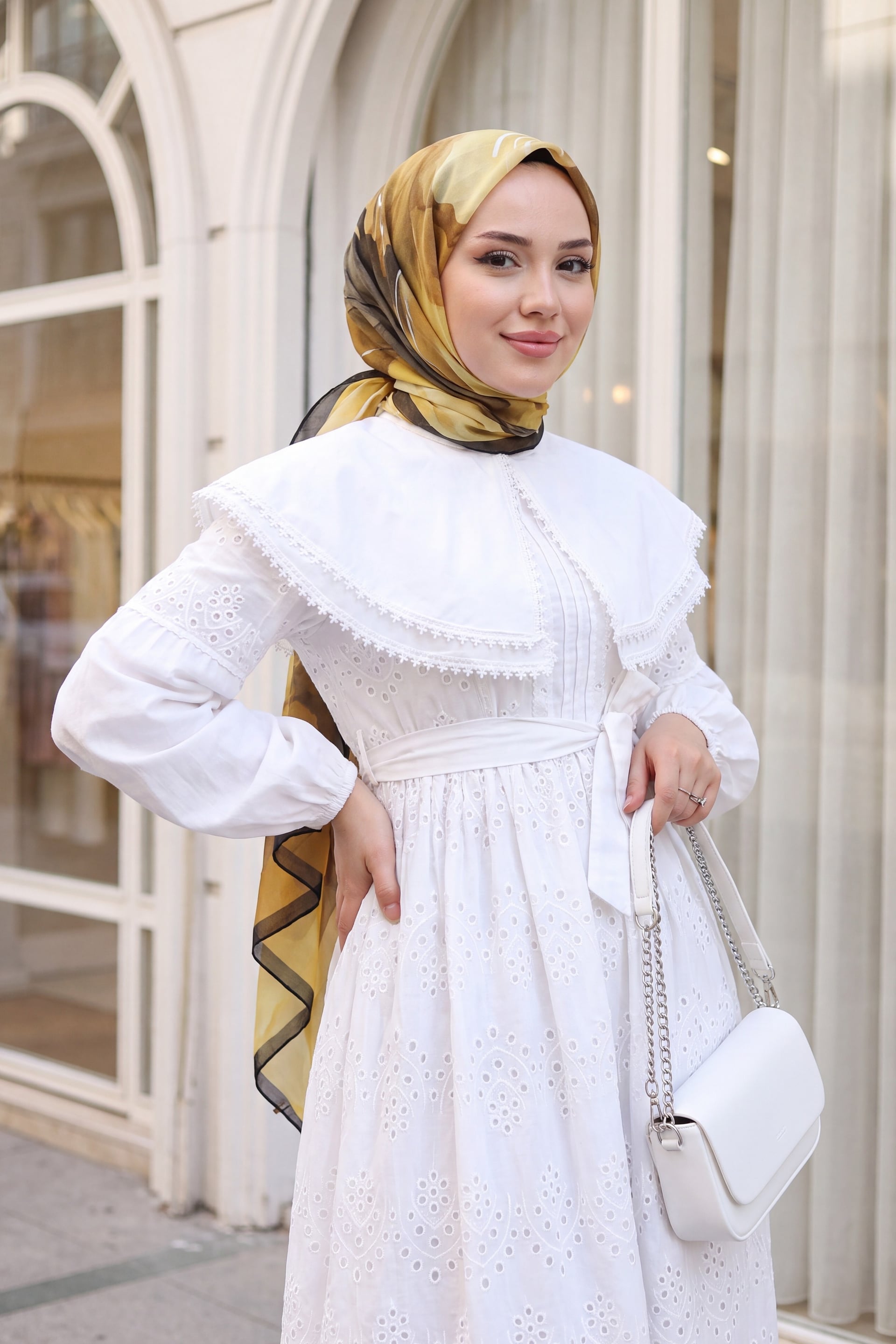 White Cape Collar Lace Detail Midi Dress - Podyumplus - by Peralane - photo 4