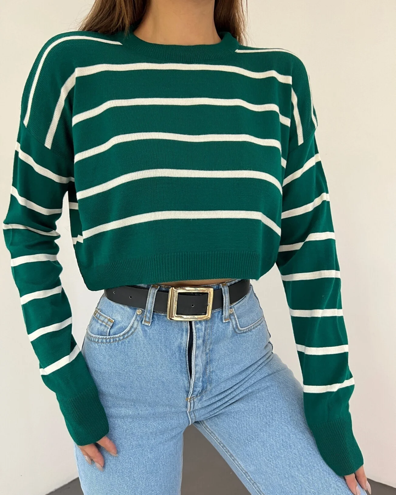 Striped Crop Knit Sweater in Dark Green - Podyumplus - by Peralane - photo 3