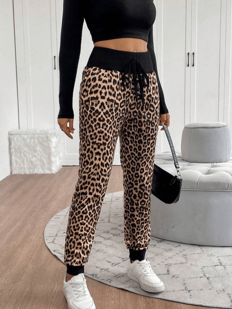 Women's High Waist Drawstring Leopard Print Two-Thread Knit Trousers - Janes - by Peralane - photo 5