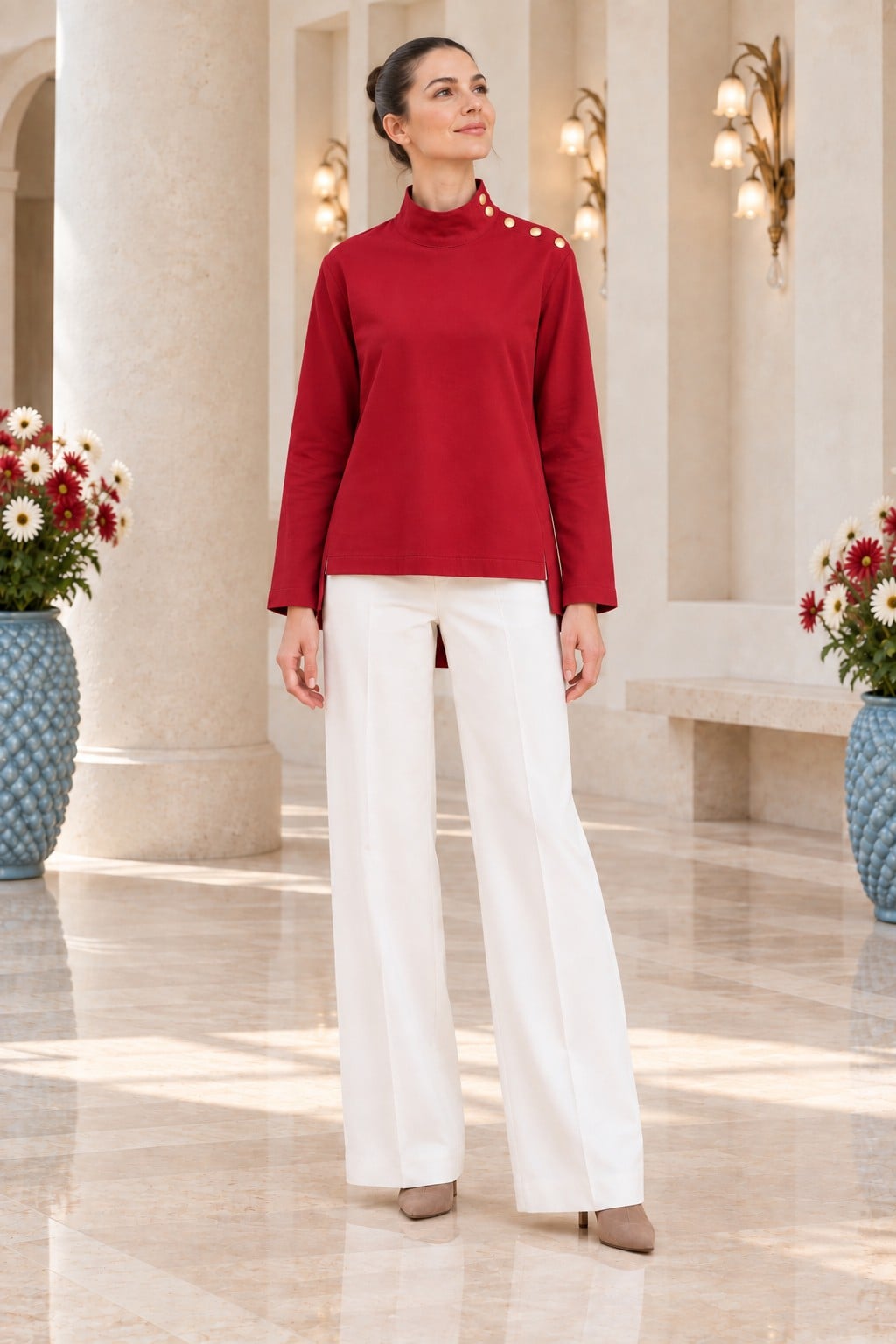 High Neck Blouse with Shoulder Snaps - Cherry Red - Xlove - by Peralane - photo 5