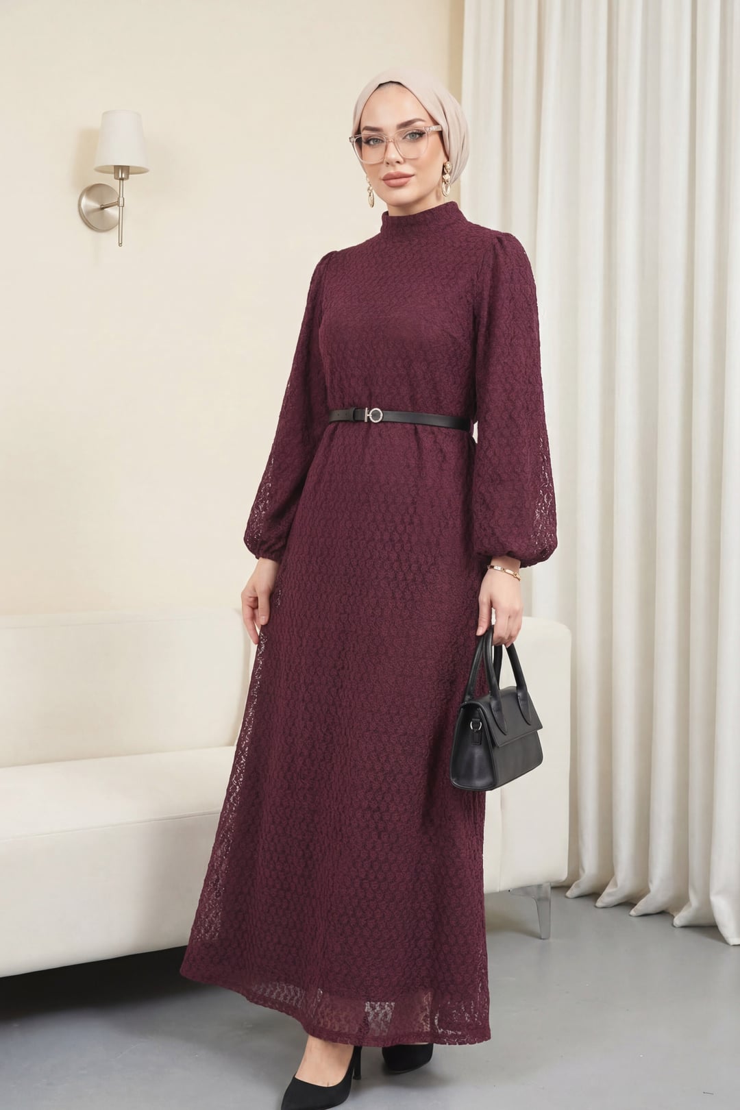 Burgundy High Neck Balloon Sleeve Belted Lined Lace Dress - Podyumplus - by Peralane - photo 3
