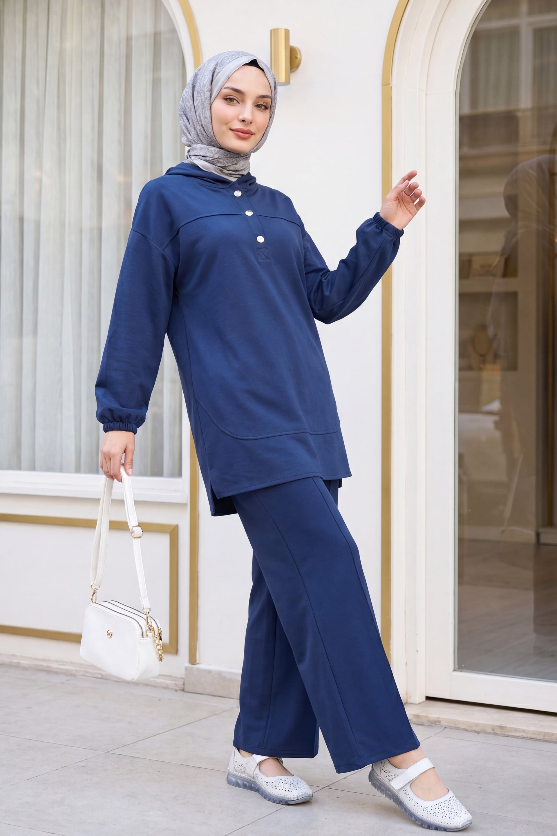Hooded Half-Button Wide-Leg Trousers Pocket Loungewear Set - Navy Blue - Podyumplus - by Peralane - photo 4