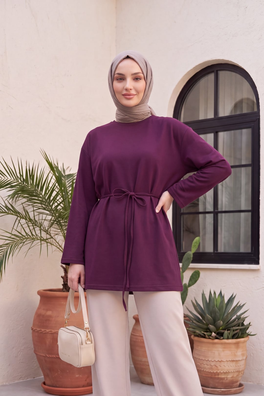 Plum Round Neck Self-Tie Waist Tunic - Podyumplus - by Peralane