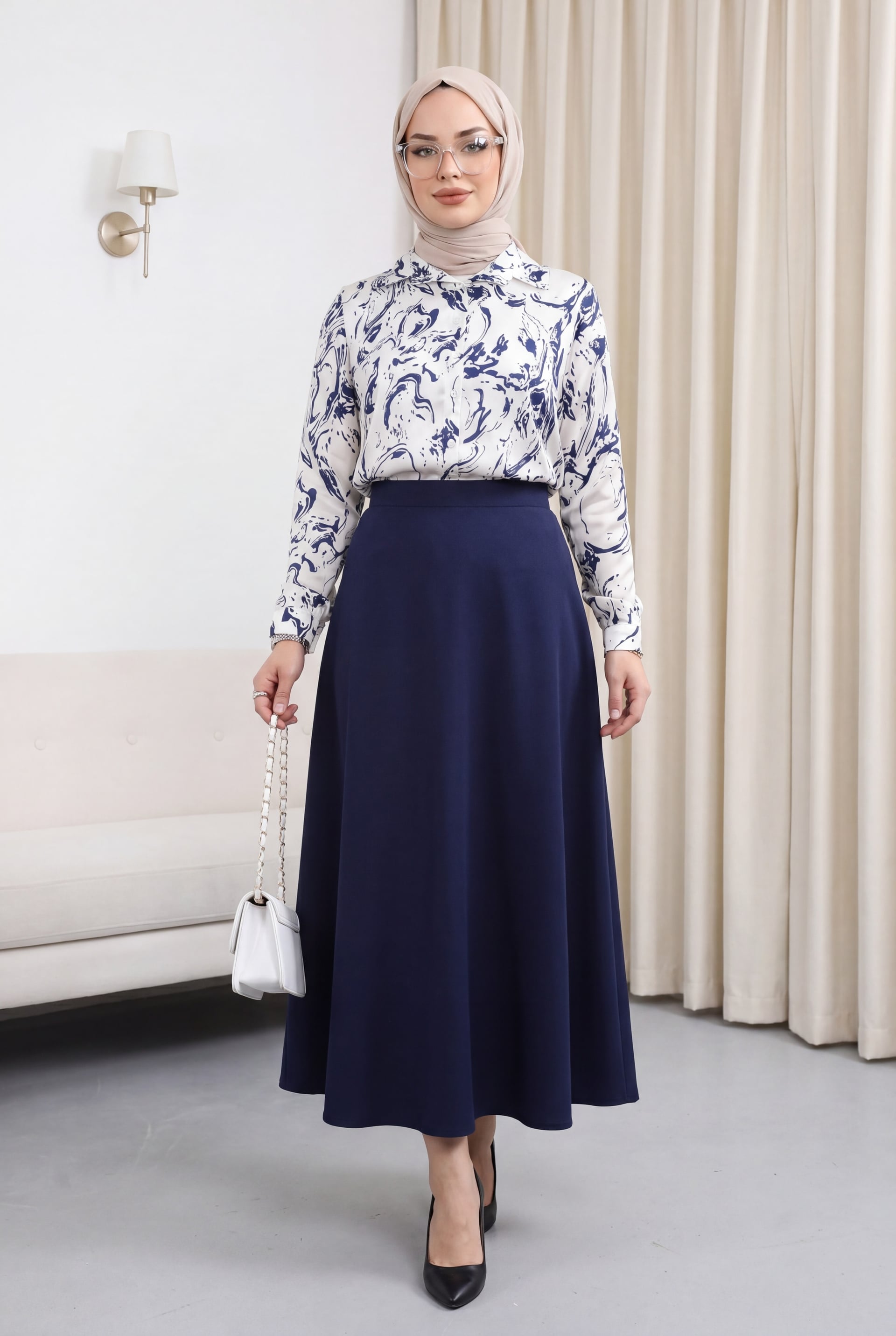 Navy Blue Printed Satin Blouse - Podyumplus - by Peralane - photo 2