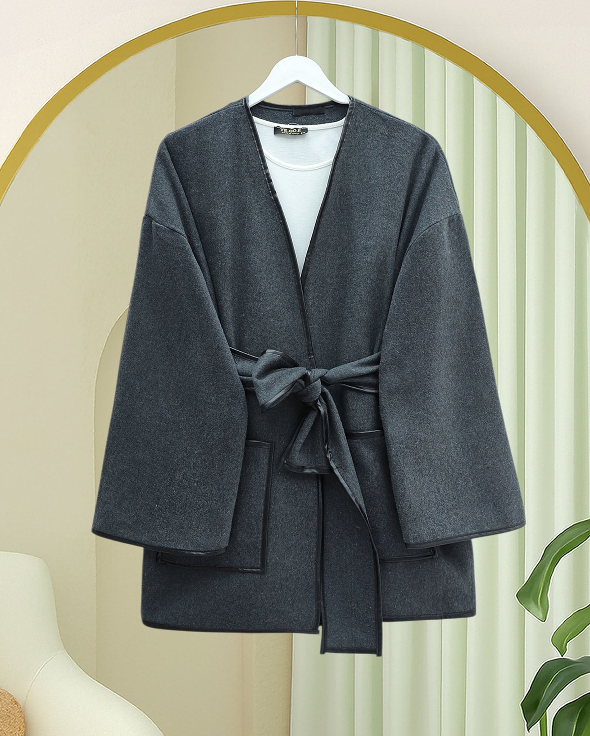 Piped Trim Double Pocket Belted Cashmere Kimono - Smoke Grey - Podyumplus - by Peralane - photo 4