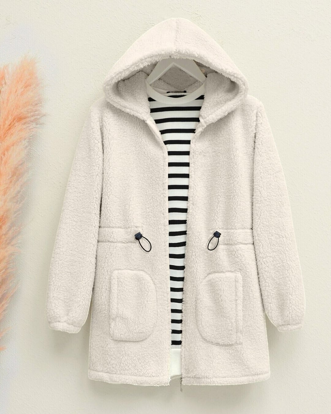 Beige Hooded Zip Fleece Jacket with Elasticated Waist - Podyumplus - by Peralane - photo 6