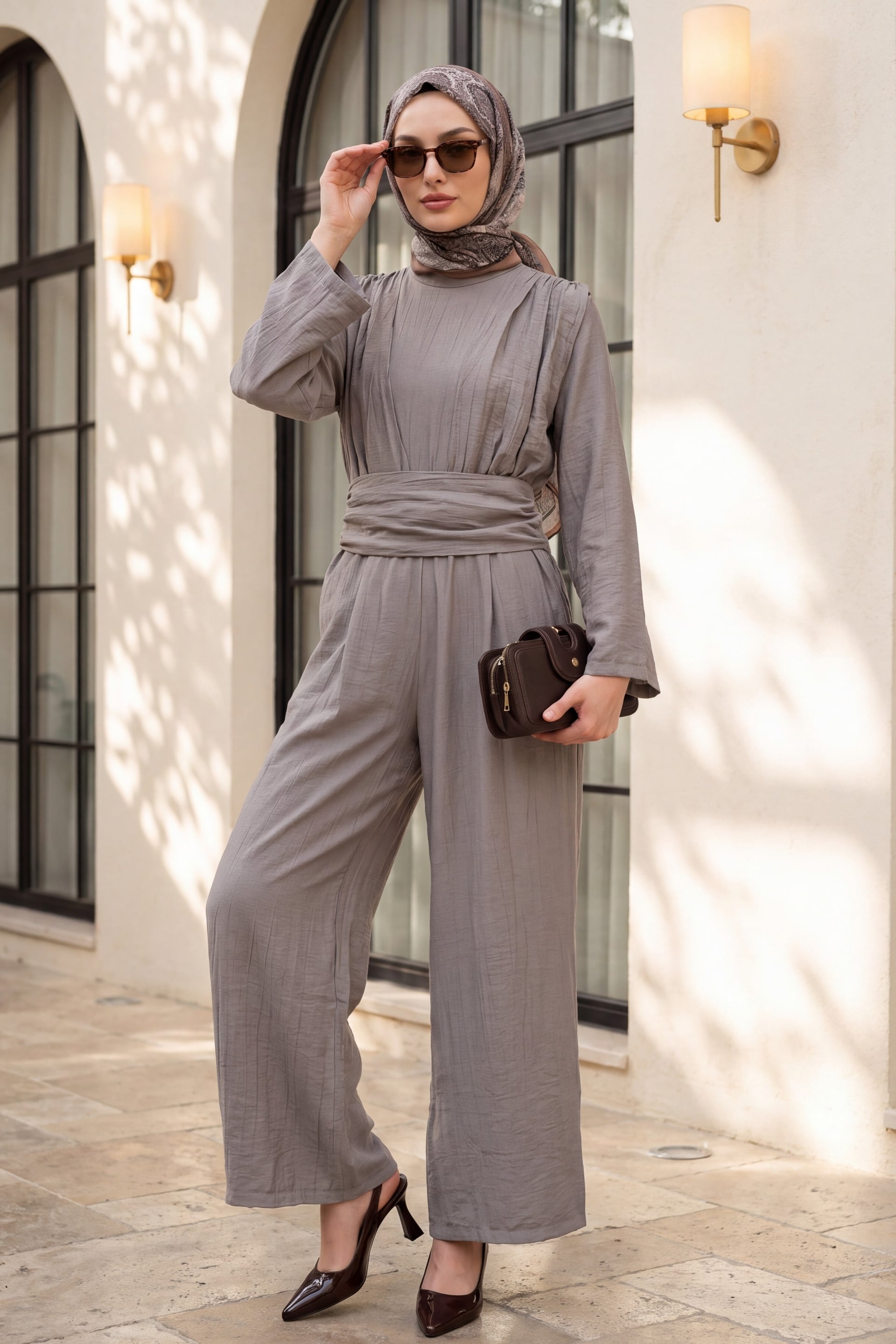 High Neck Pleated Pocket Belted Jumpsuit - Earth - Podyumplus - by Peralane - photo 2