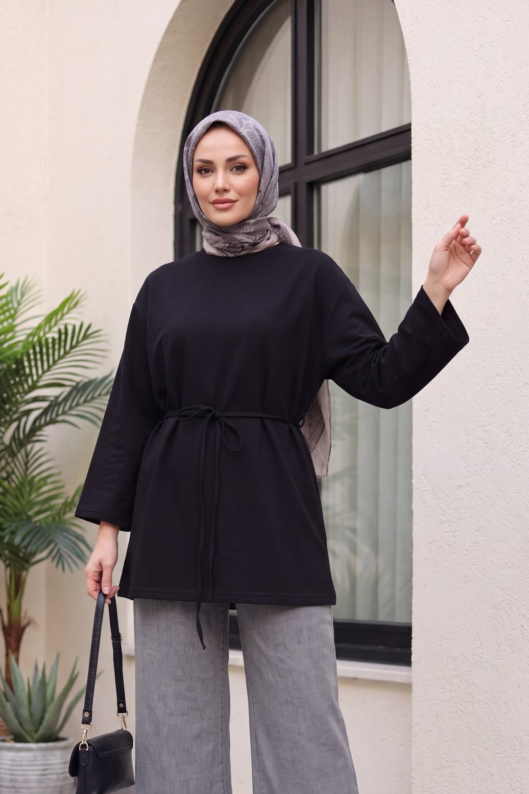 Black Scuba Knit Tunic with Tie Belt - Podyumplus - by Peralane