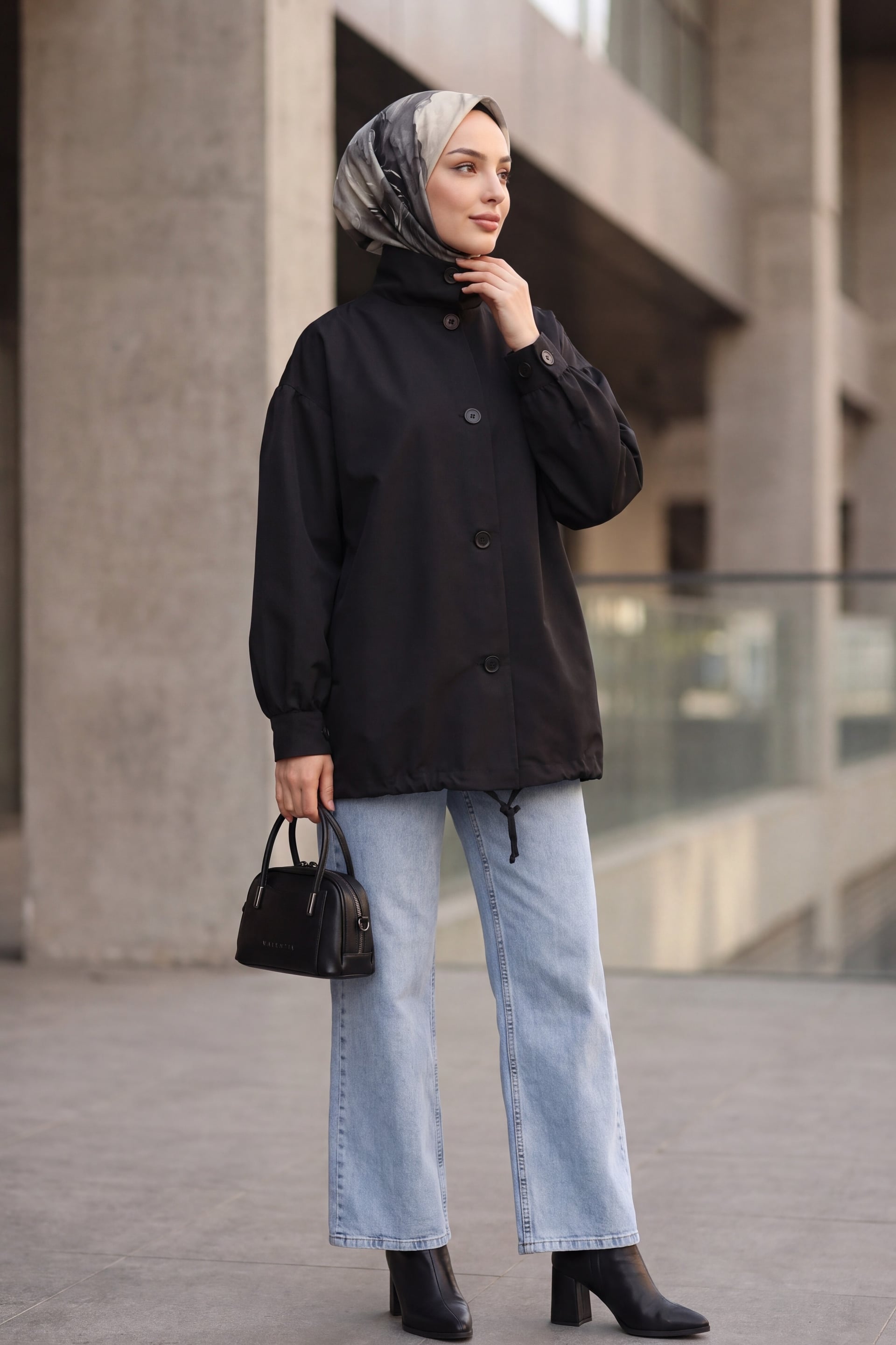 Black Balloon Sleeve Double Pocket Lined Buttoned Trench Coat - Podyumplus - by Peralane - photo 3