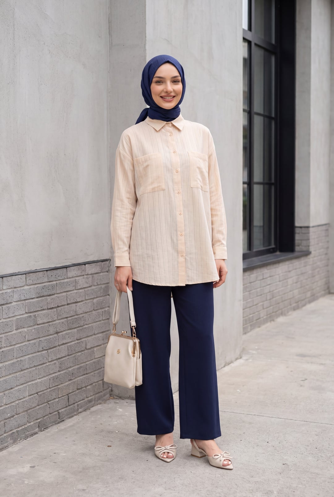 Women's Beige Long-Sleeved Collared Blouse with Pinstripes - Podyumplus - by Peralane - photo 3