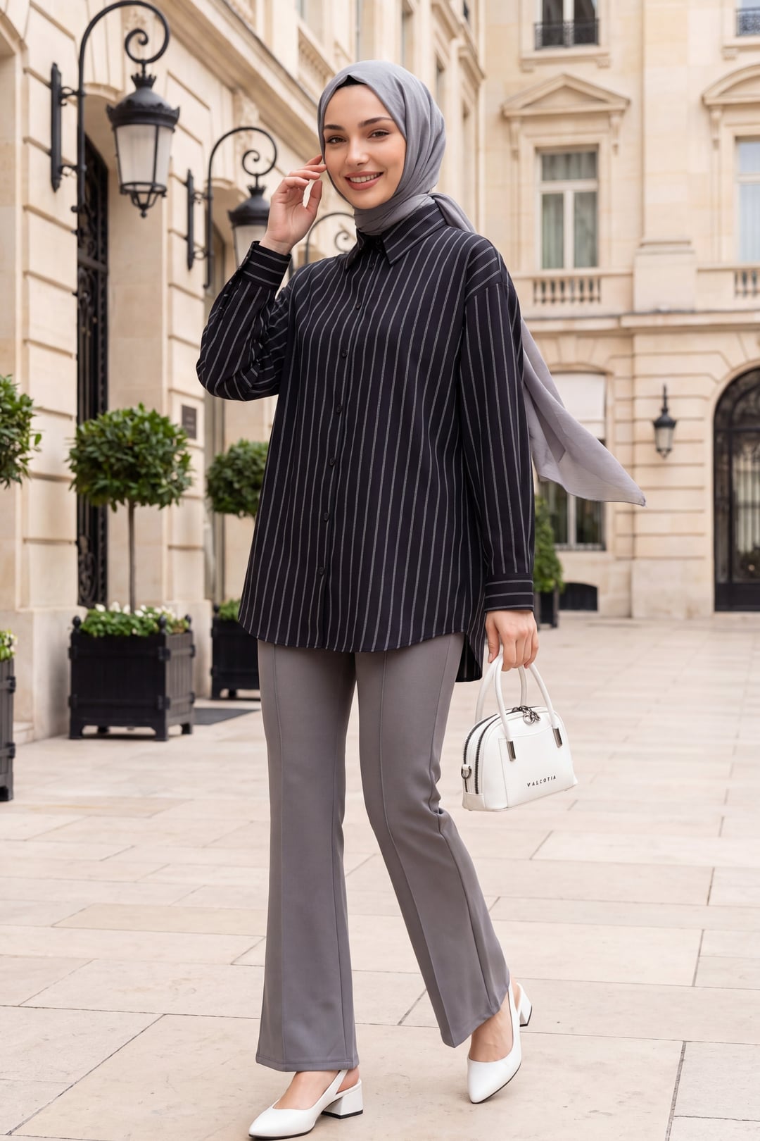 Striped Buttoned Oval Cut Linen Look Shirt - Navy - Podyumplus - by Peralane - photo 4