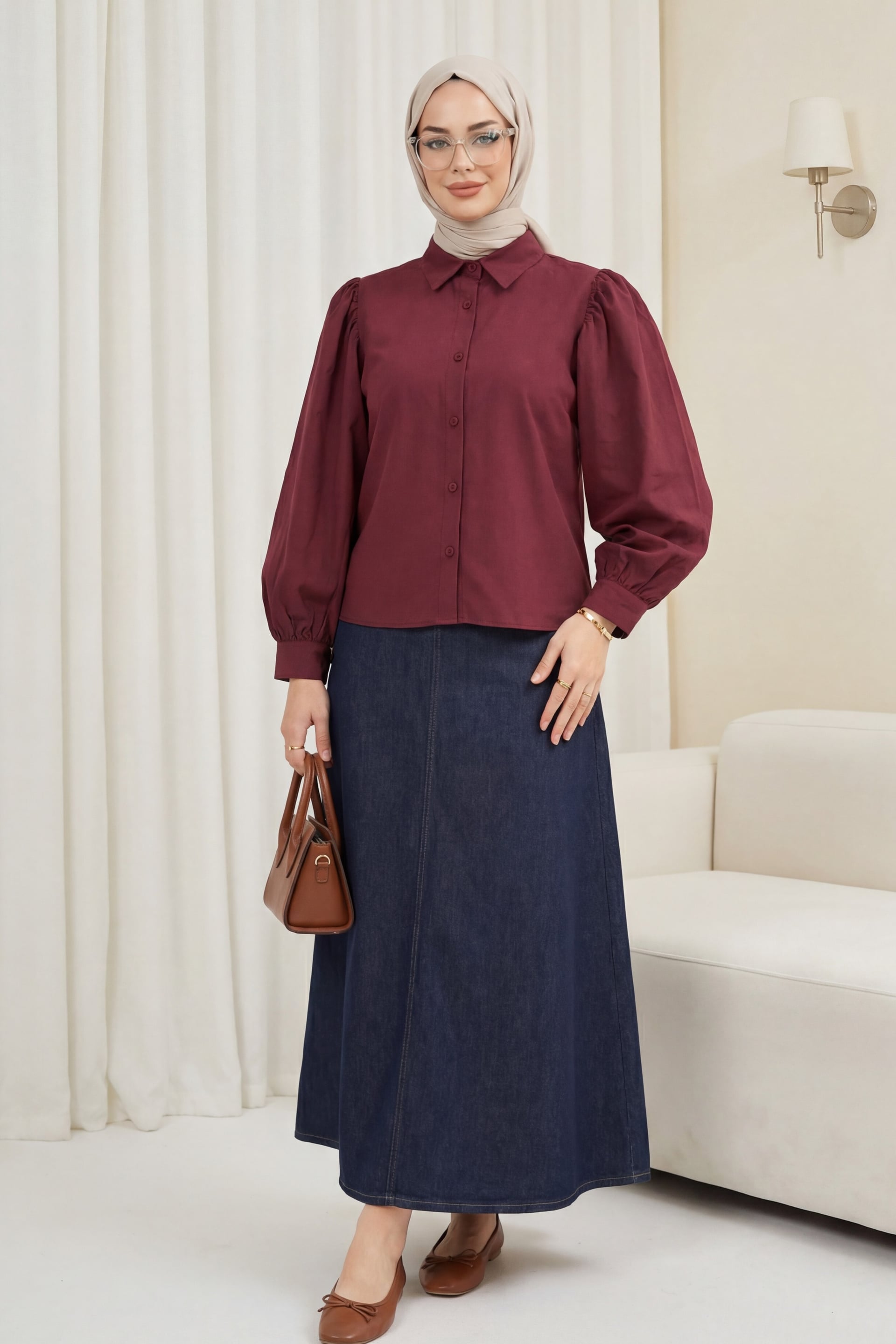 Burgundy Balloon Sleeve Buttoned Short Poplin Shirt - Podyumplus - by Peralane - photo 4