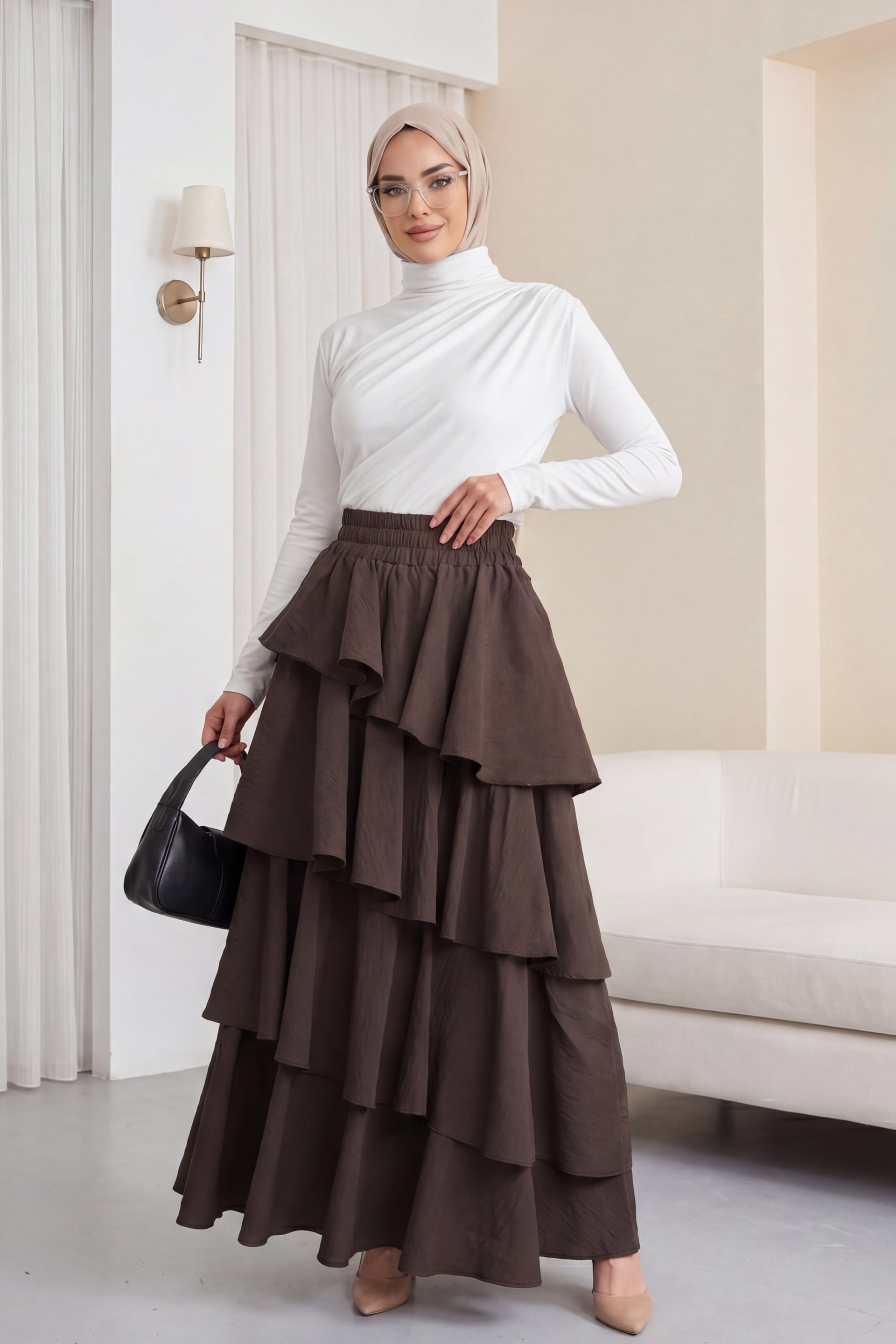 Elastic Waist Tiered Lined Cupra Skirt - Brown - Podyumplus - by Peralane - photo 2