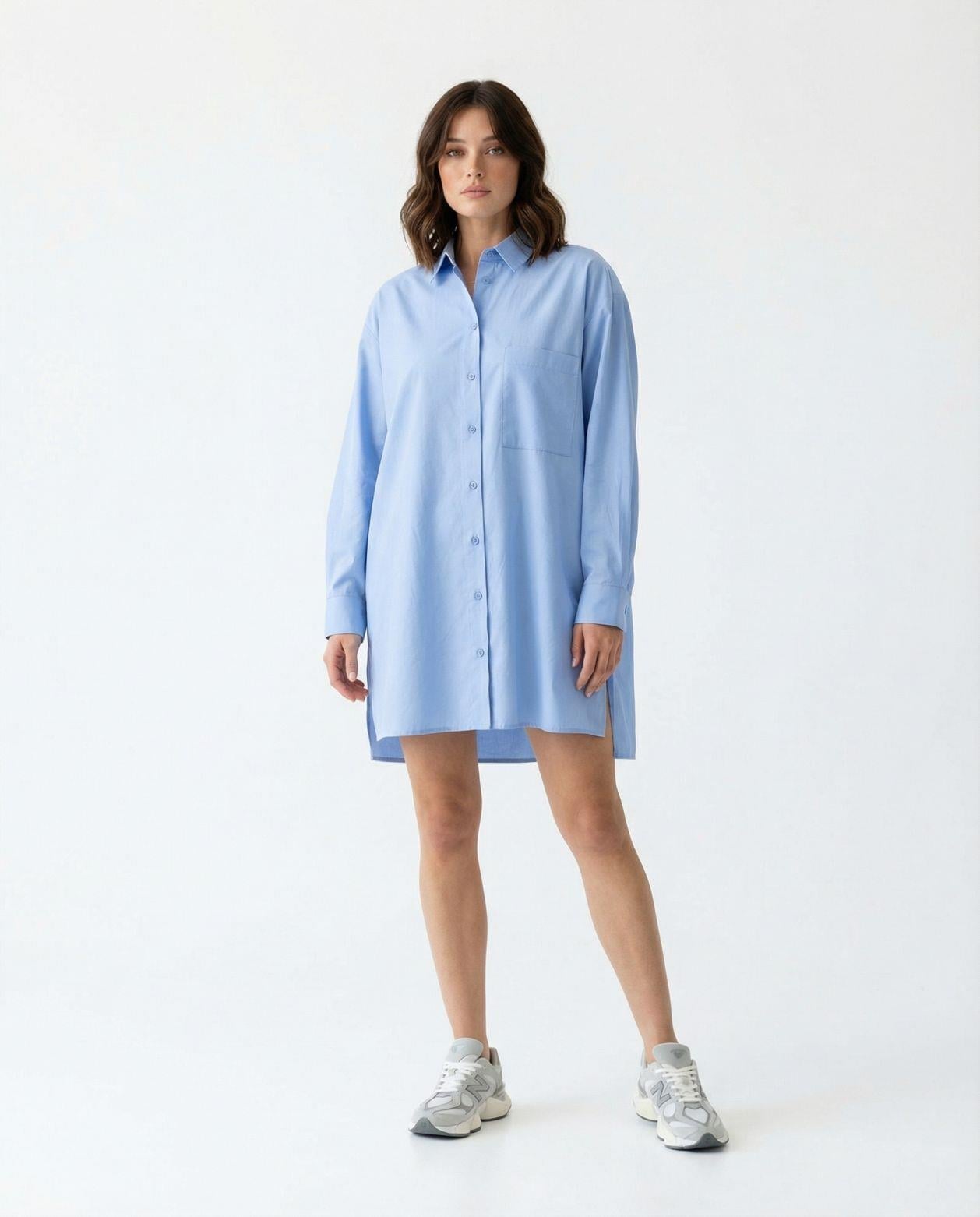 Light Blue Collared Shirt Dress with Long Sleeves - Fame - by Peralane