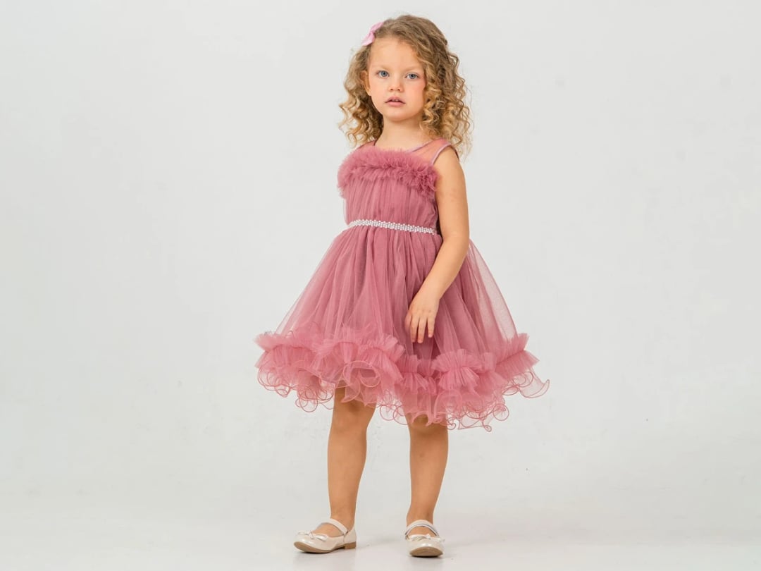 Ruffled Tulle Party Dress for Girls - Dusty Rose - Mertoglu Kids - by Peralane