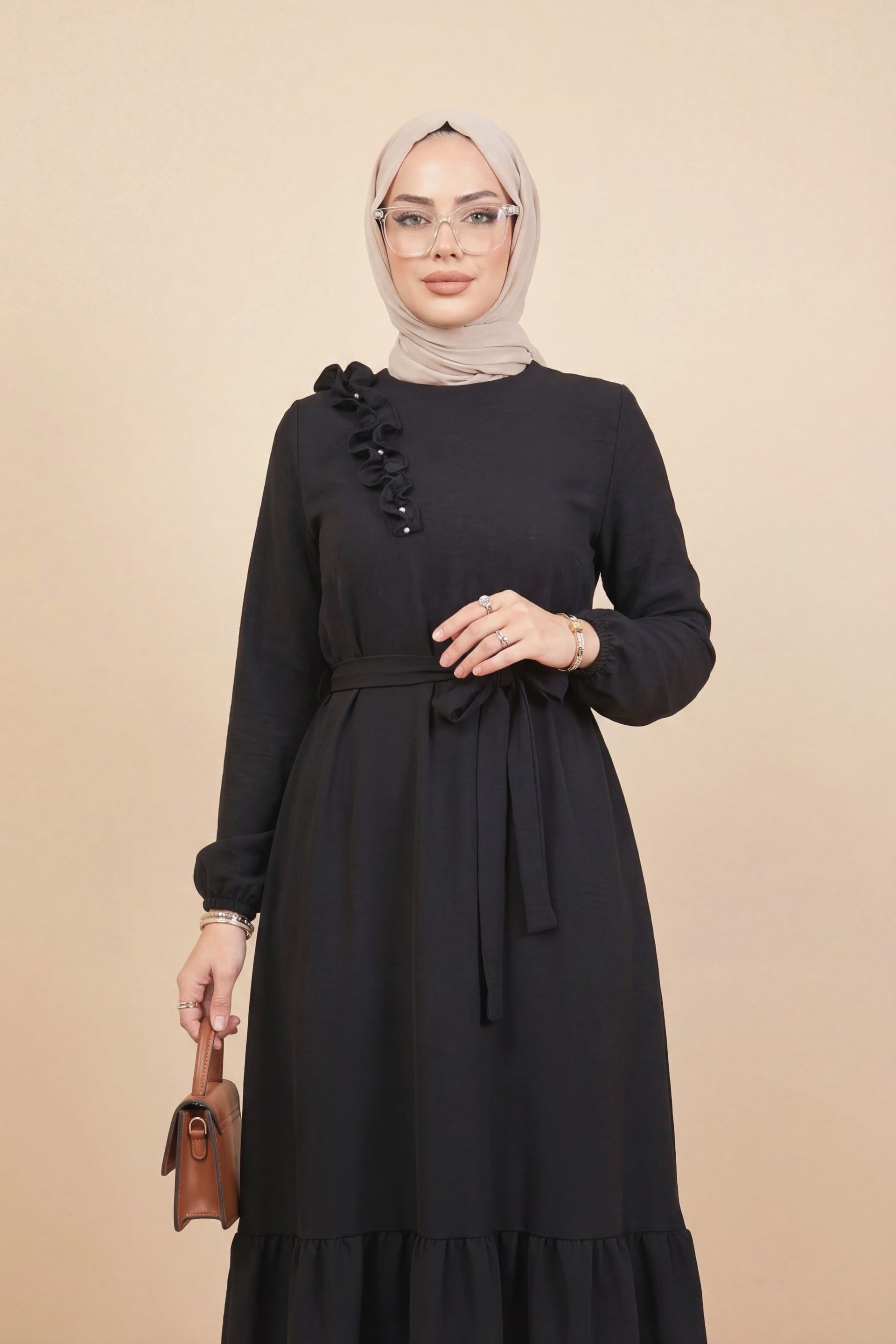 Ruffled Pearl Embellished Tiered Black Dress with Belt - Podyumplus - by Peralane - photo 2