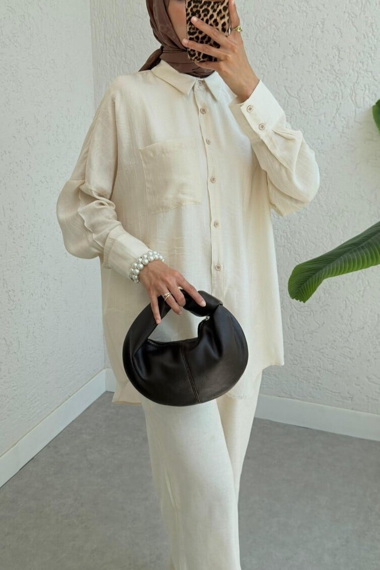 Beige Long Back Casual Shirt with Single Pocket - Podyumplus - by Peralane - photo 2