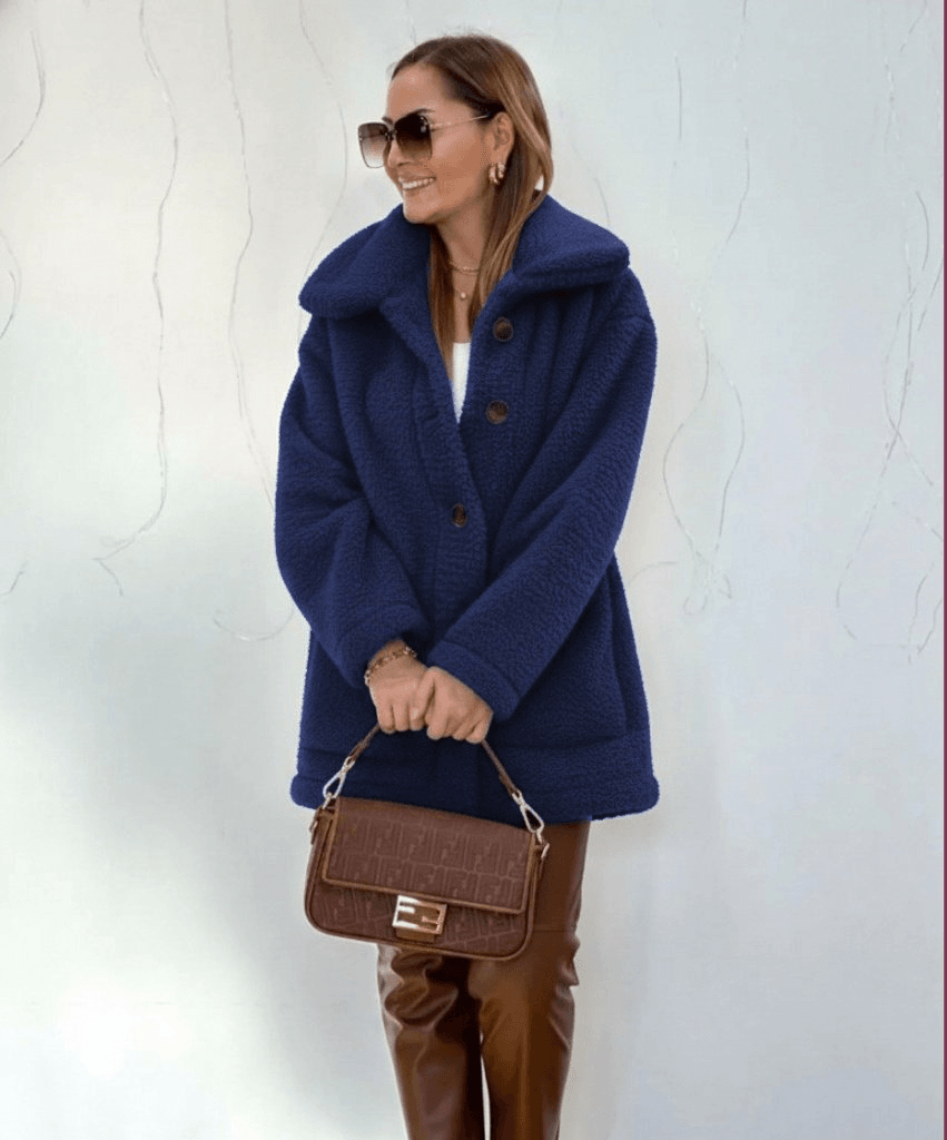 Women's Navy Blue Long Sleeve Collared Button Front Welsoft Coat - Janes - by Peralane