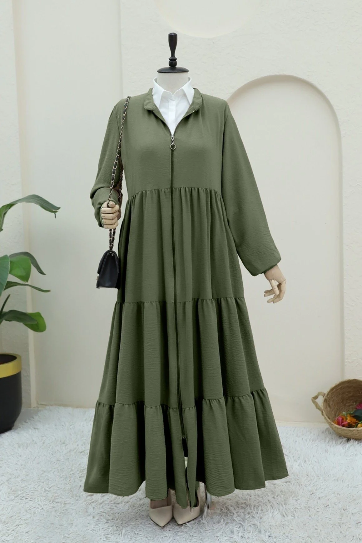 Zip-Up Tiered Ayrobin Ferace Dress in Olive Green - Podyumplus - by Peralane - photo 6