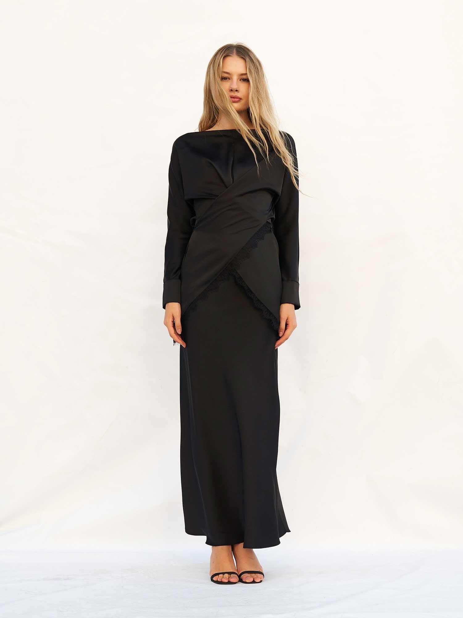 Black Long-Sleeved Satin Dress Set with Lace Trim - Lefon - by Peralane
