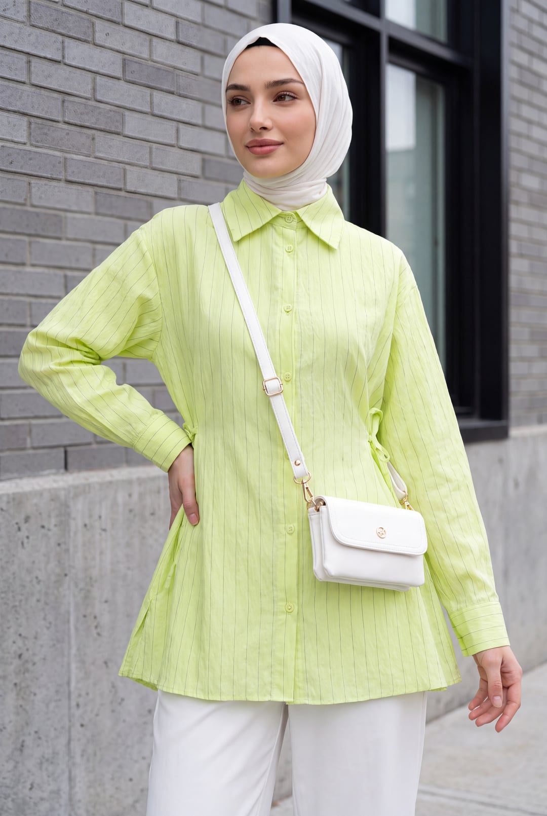 Striped Modal Tunic with Side Laces and Buttons - Light Yellow - Podyumplus - by Peralane - photo 2