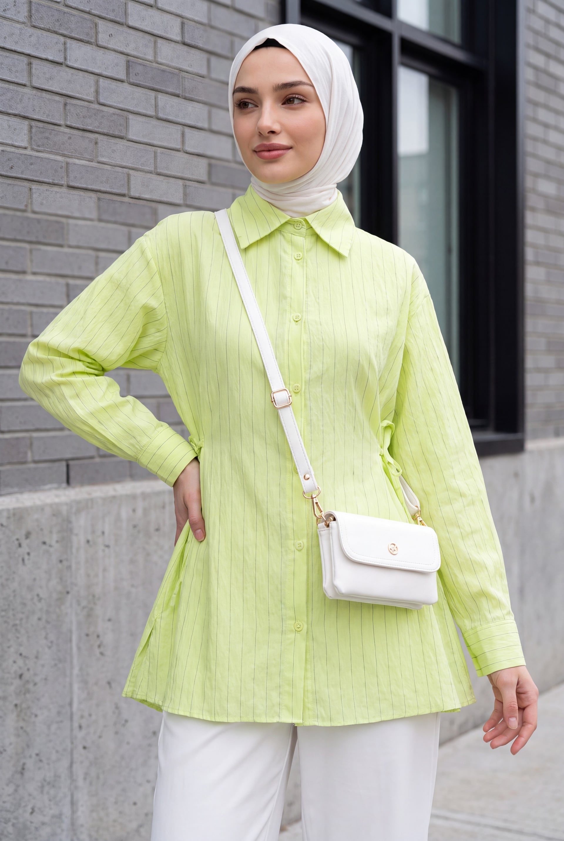 Striped Modal Tunic with Side Laces and Buttons - Light Yellow - Podyumplus - by Peralane - photo 2