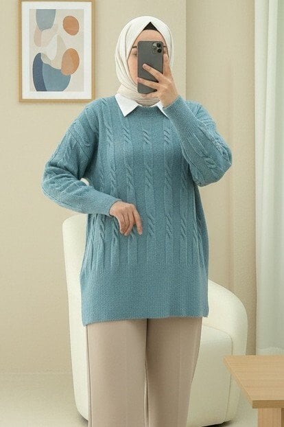 Turquoise Cable Knit Sweater for Women - Podyumplus - by Peralane - photo 2