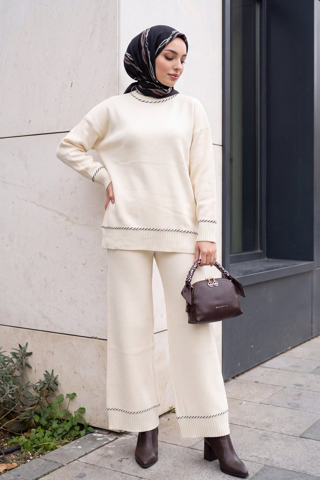Cream Ribbed Trim Knit Two-Piece Set with Sweater and Wide-Leg Trousers - Podyumplus - by Peralane - photo 3