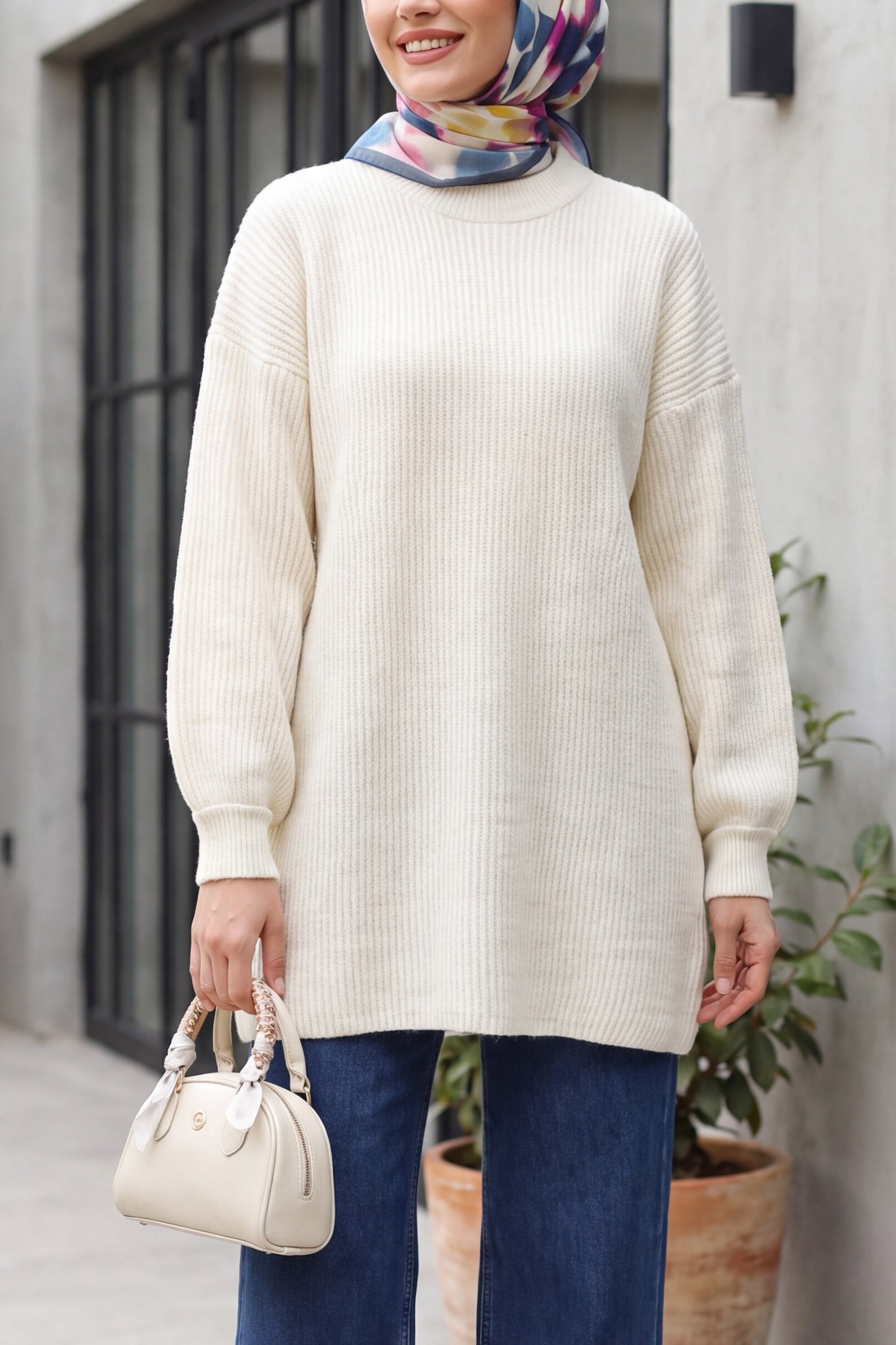 Crew Neck Relaxed Knit Tunic - Ecru - Podyumplus - by Peralane