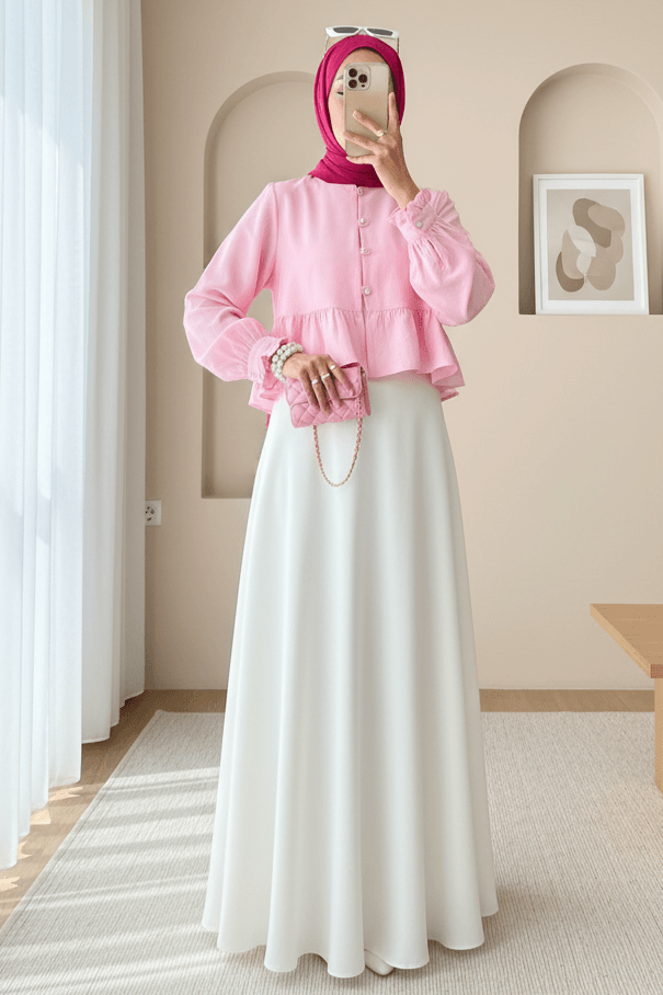 Pink Modal Blouse with Ruffled Peplum and Pearl Buttons - Podyumplus - by Peralane - photo 2