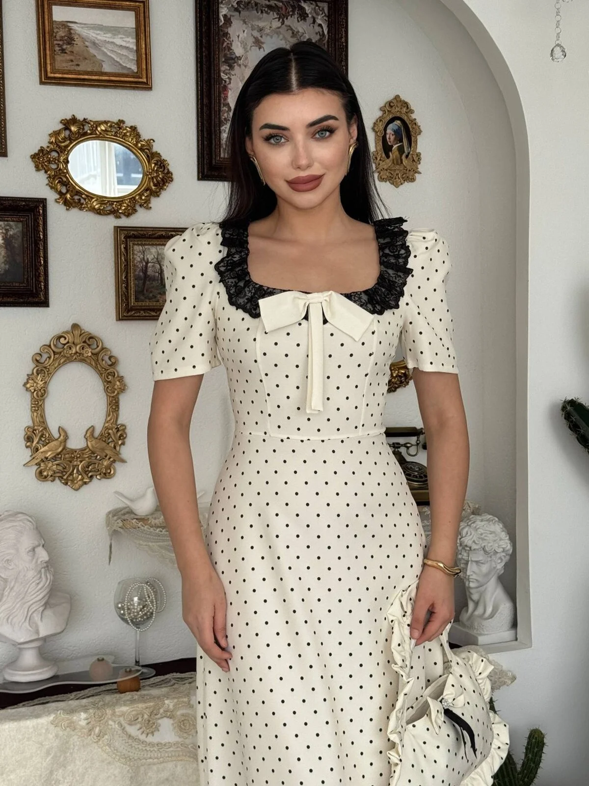 Zean Polka Dot Bow Detail Dress ETK-00909 in Ecru - Etika - by Peralane