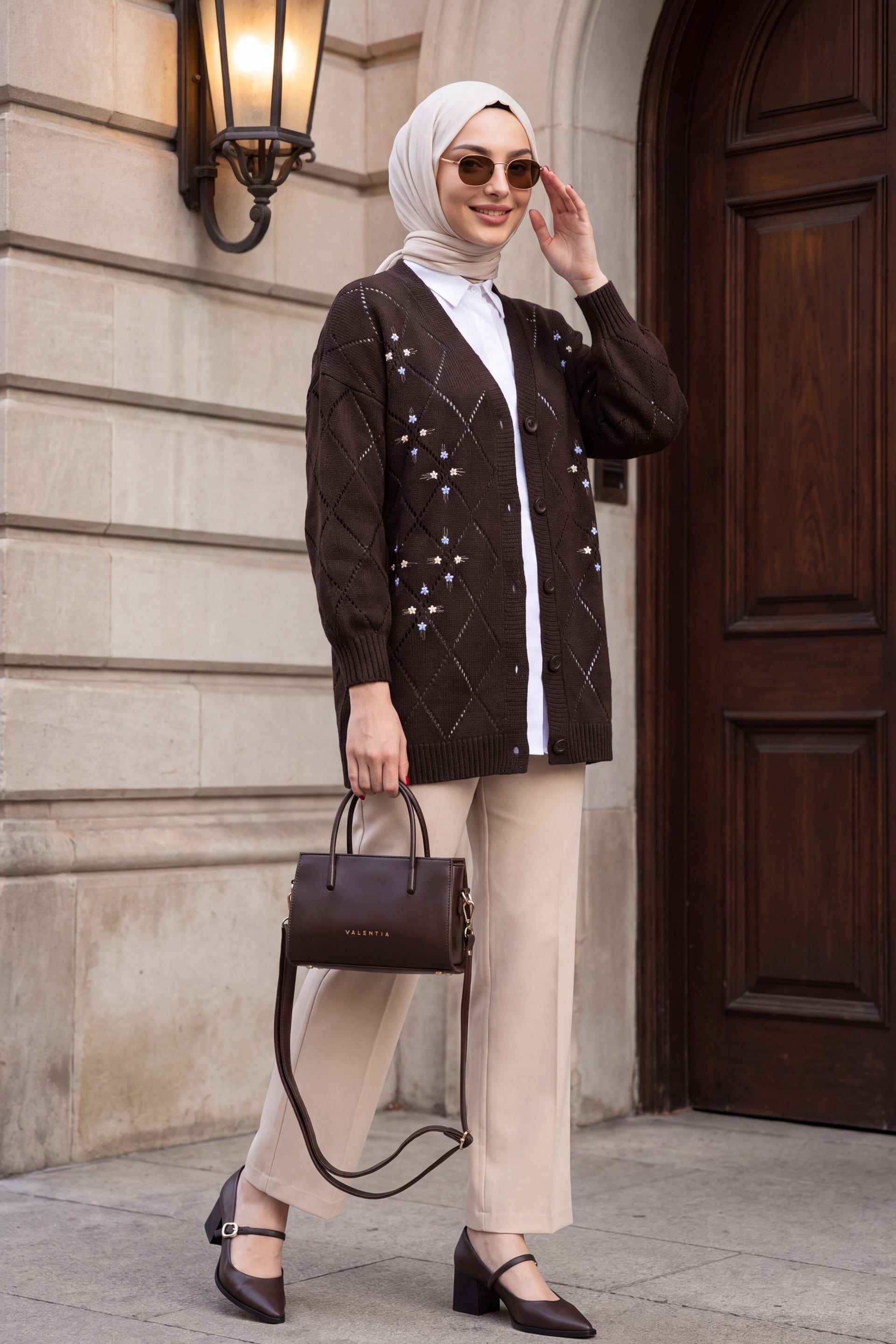 Women's Button-Front Knit Cardigan with Floral Embroidery - Dark Brown - Podyumplus - by Peralane - photo 3