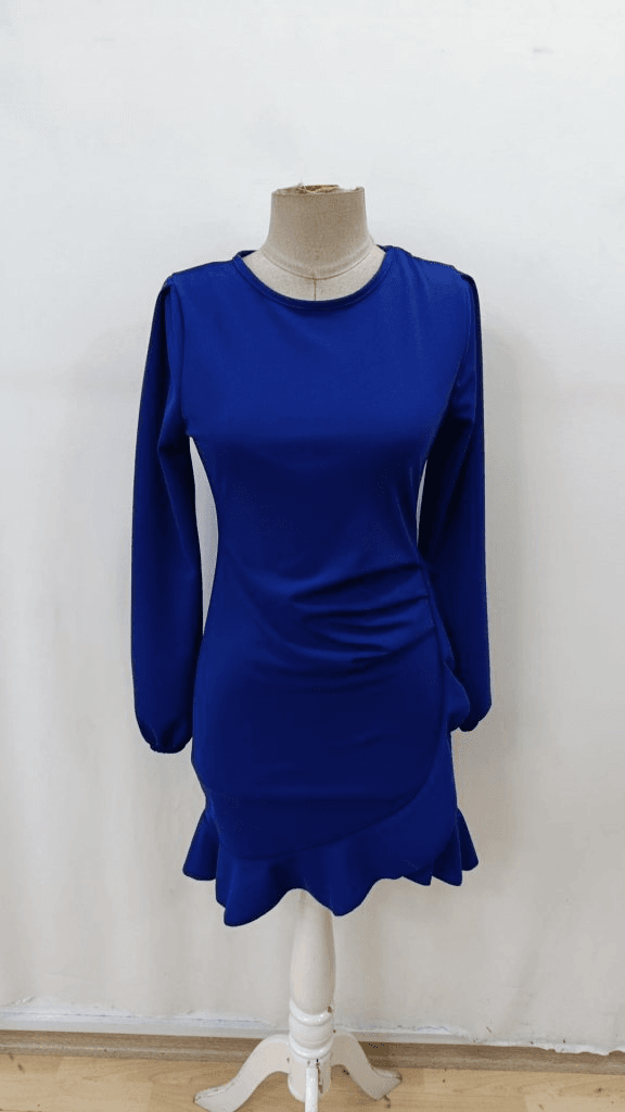 Women's Long Sleeve Round Neck Frontal Ruffle Imported Crepe Dress - Royal Blue - Janes - by Peralane - photo 4