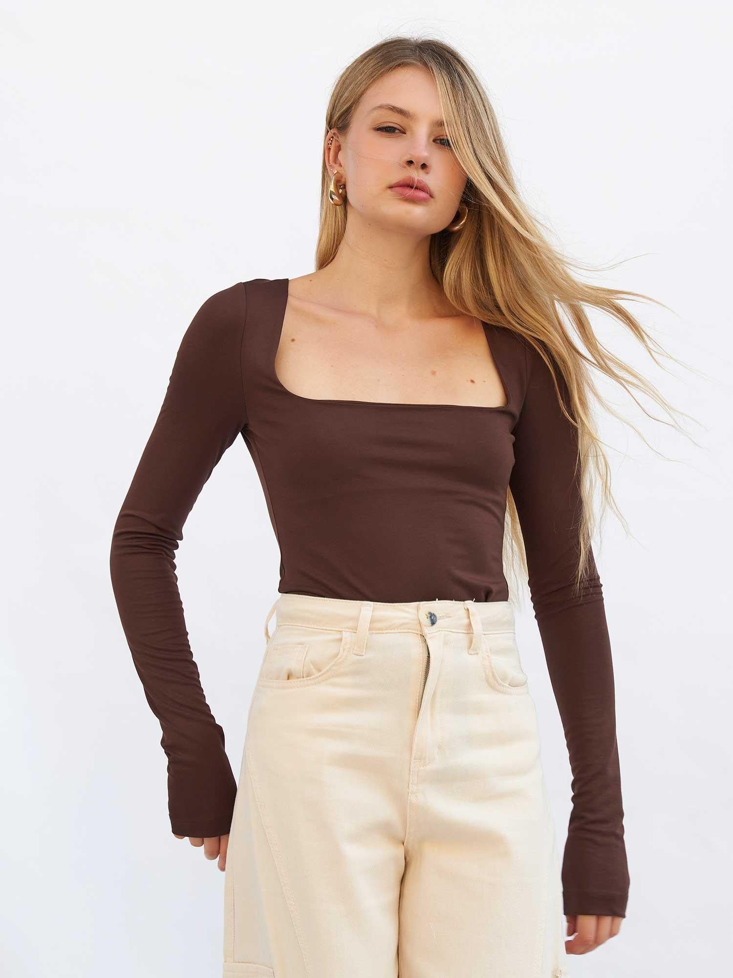 Square Neck Long-Sleeve Knit Bodysuit – Dark Brown - Lefon - by Peralane - photo 6