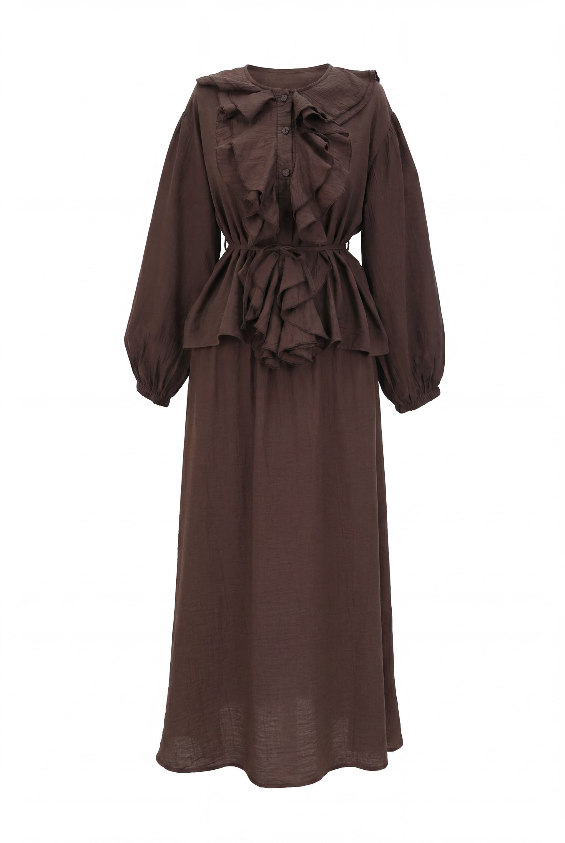 Ruffle Front Long-Sleeve Top and Skirt Set in Dark Brown - Podyumplus - by Peralane - photo 5