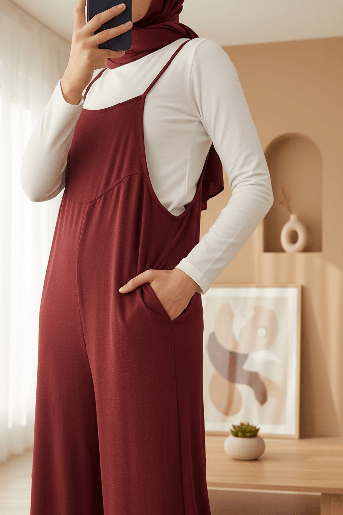 Burgundy Jersey Jumpsuit with Spaghetti Straps - Bigdart - by Peralane