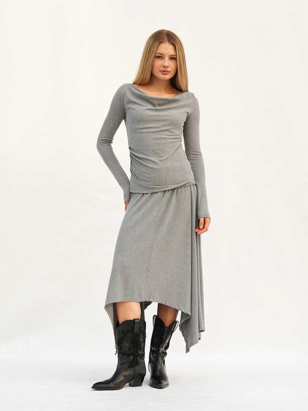 Draped Cowl Neck Top and Asymmetrical Skirt Set in Grey - Lefon - by Peralane