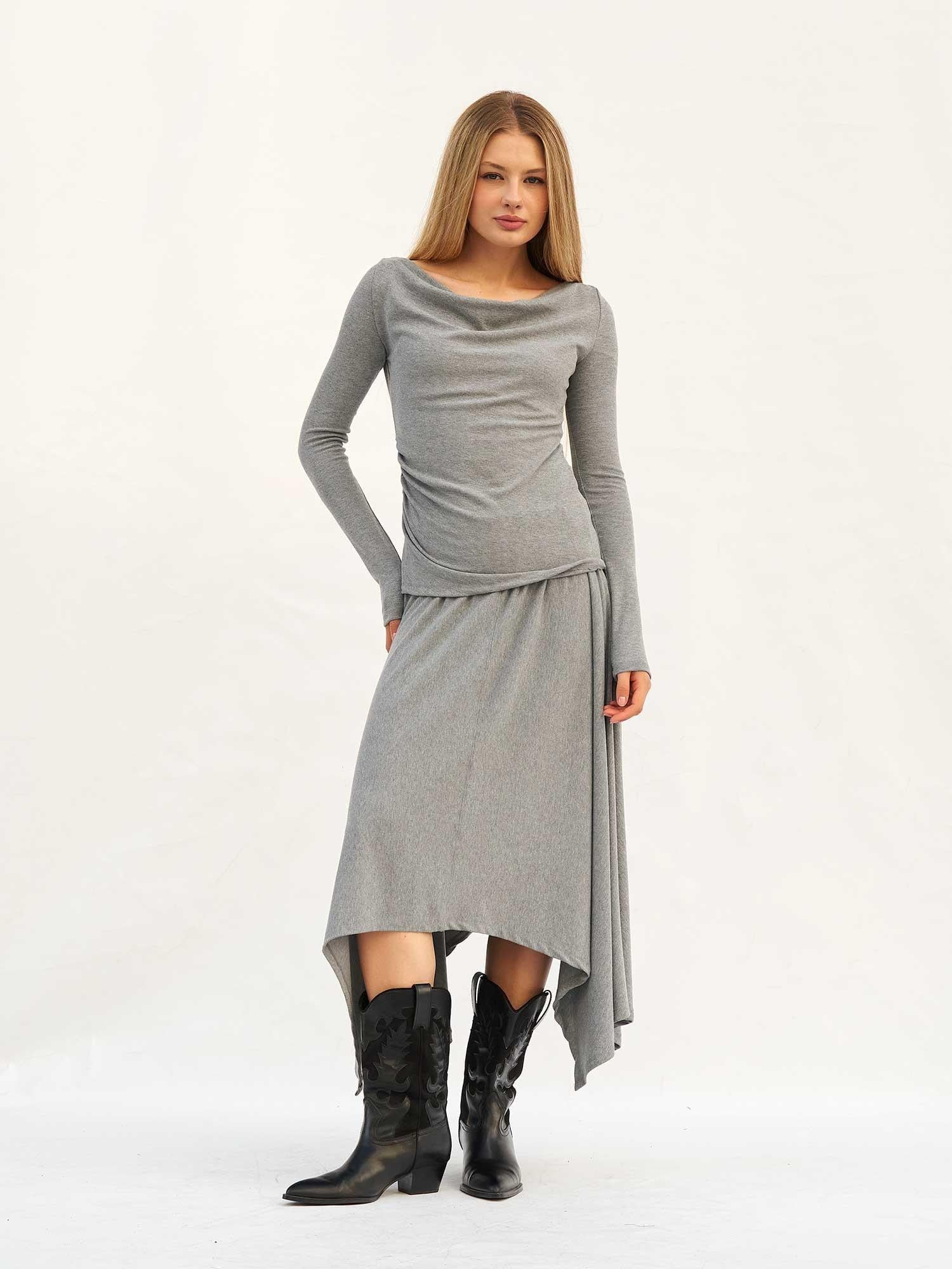 Draped Cowl Neck Top and Asymmetrical Skirt Set in Grey - Lefon - by Peralane
