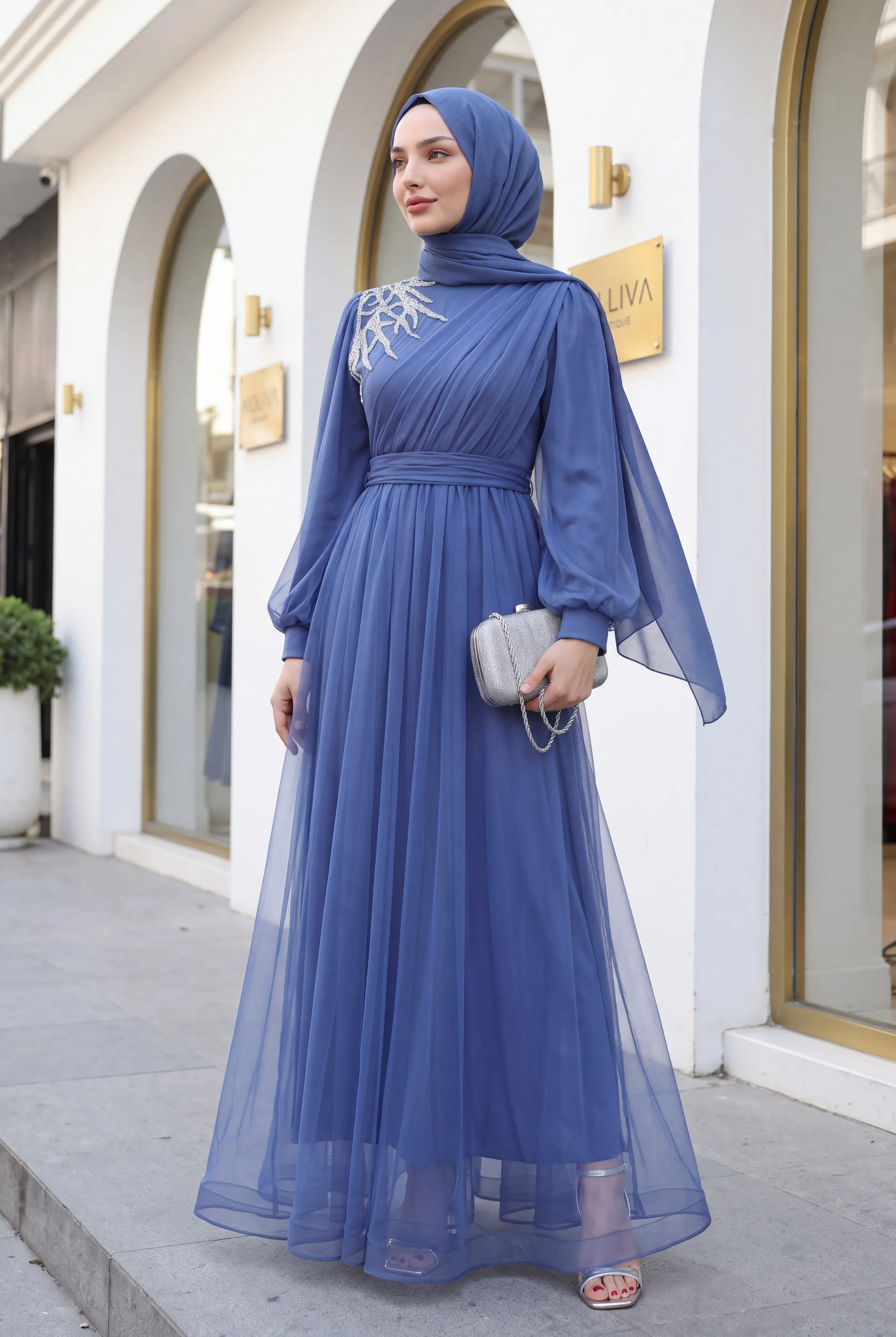 Indigo Evening Dress with Stone Details, Draped Belted Tulle - Podyumplus - by Peralane - photo 2