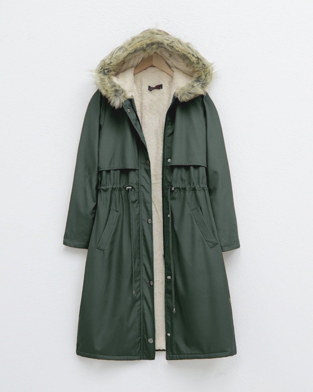 Women's Hooded Long Coat with Faux Fur Trim - Khaki - Podyumplus - by Peralane - photo 4