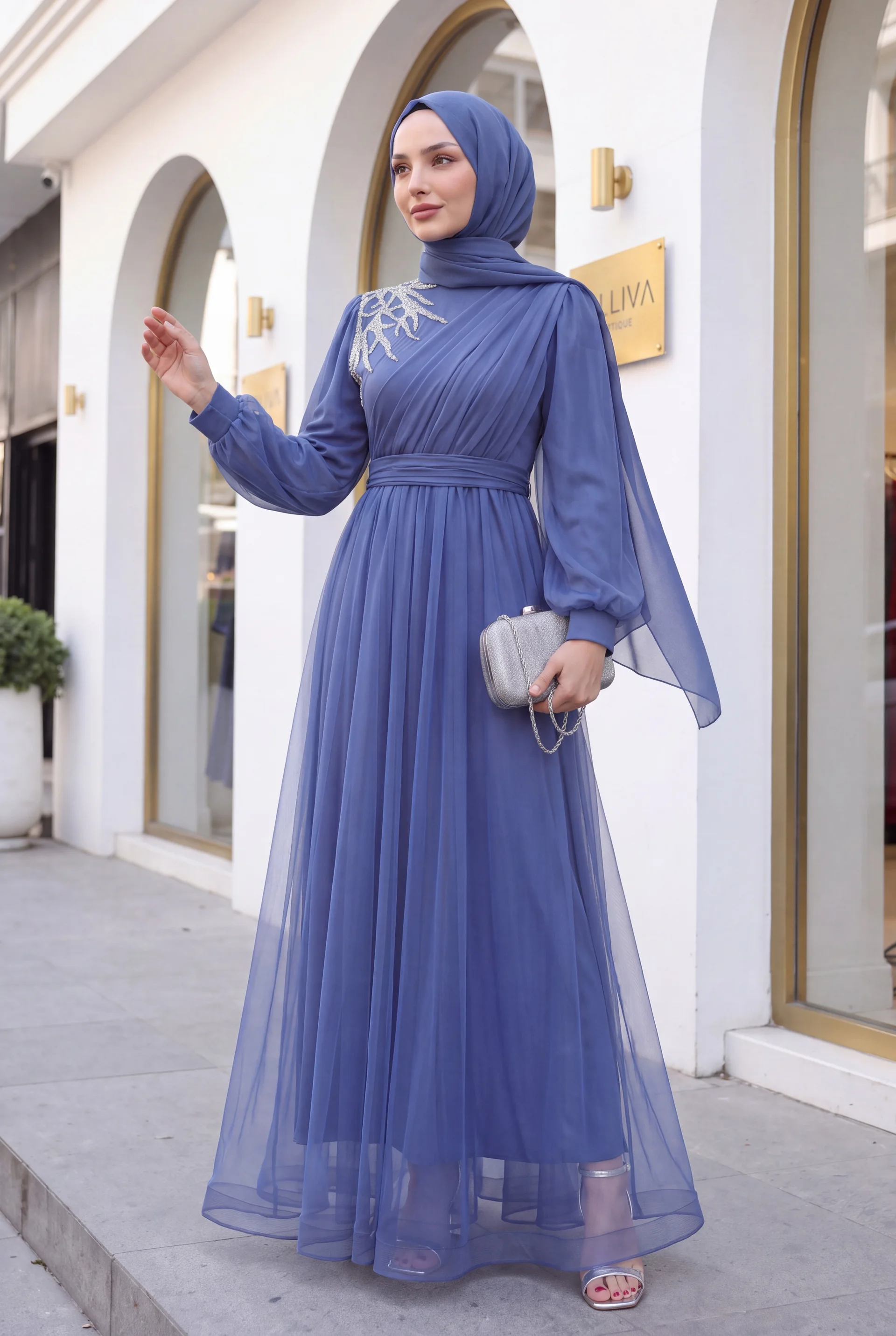 Indigo Evening Dress with Stone Details, Draped Belted Tulle - Podyumplus - by Peralane - photo 3