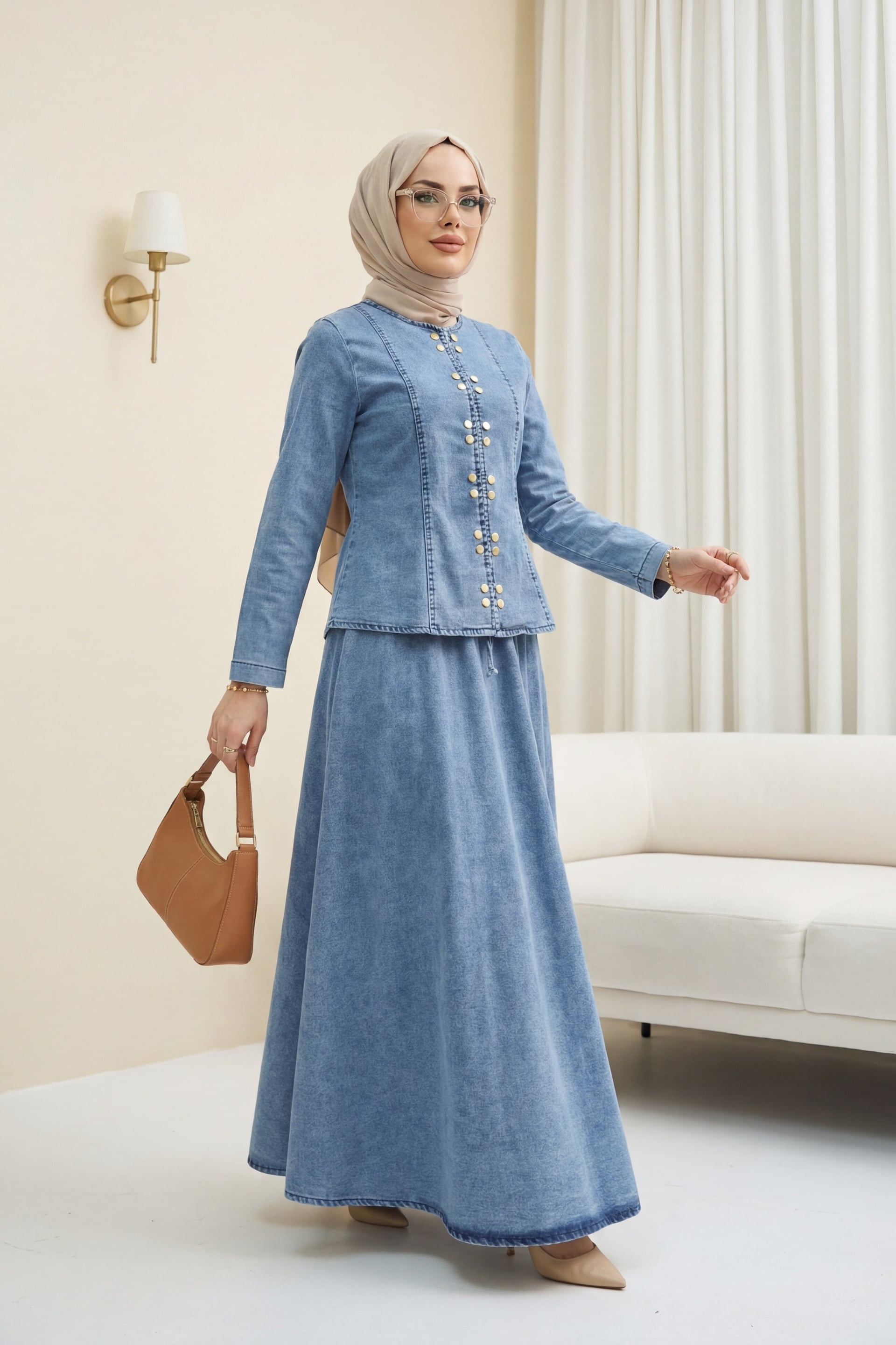 Snap-Front Denim Co-ord Set with Lace-Up Skirt - Ice Blue - Podyumplus - by Peralane - photo 3