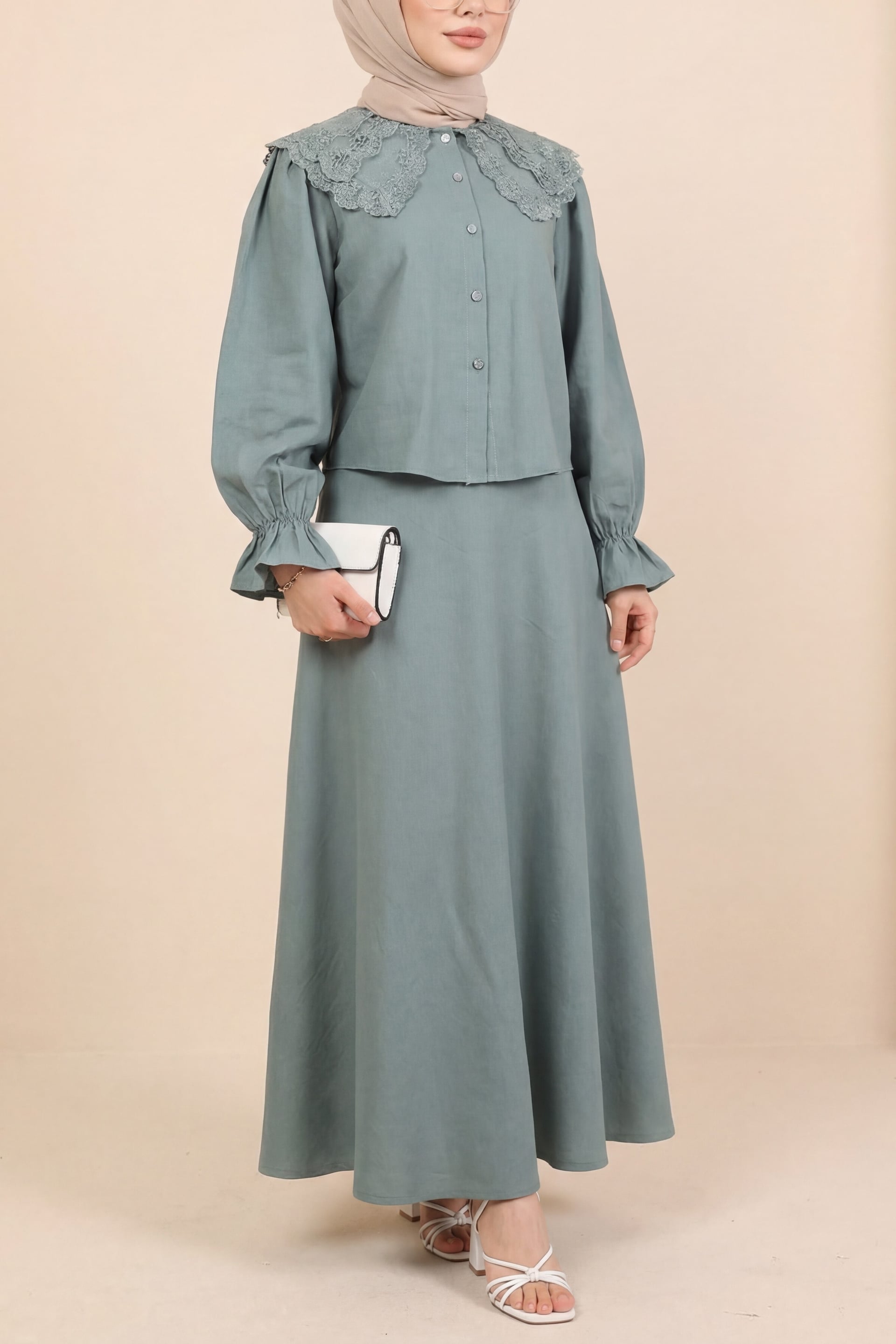 Modest Two-Piece Set with Blouse and Flared Skirt - Mint - Podyumplus - by Peralane - photo 2