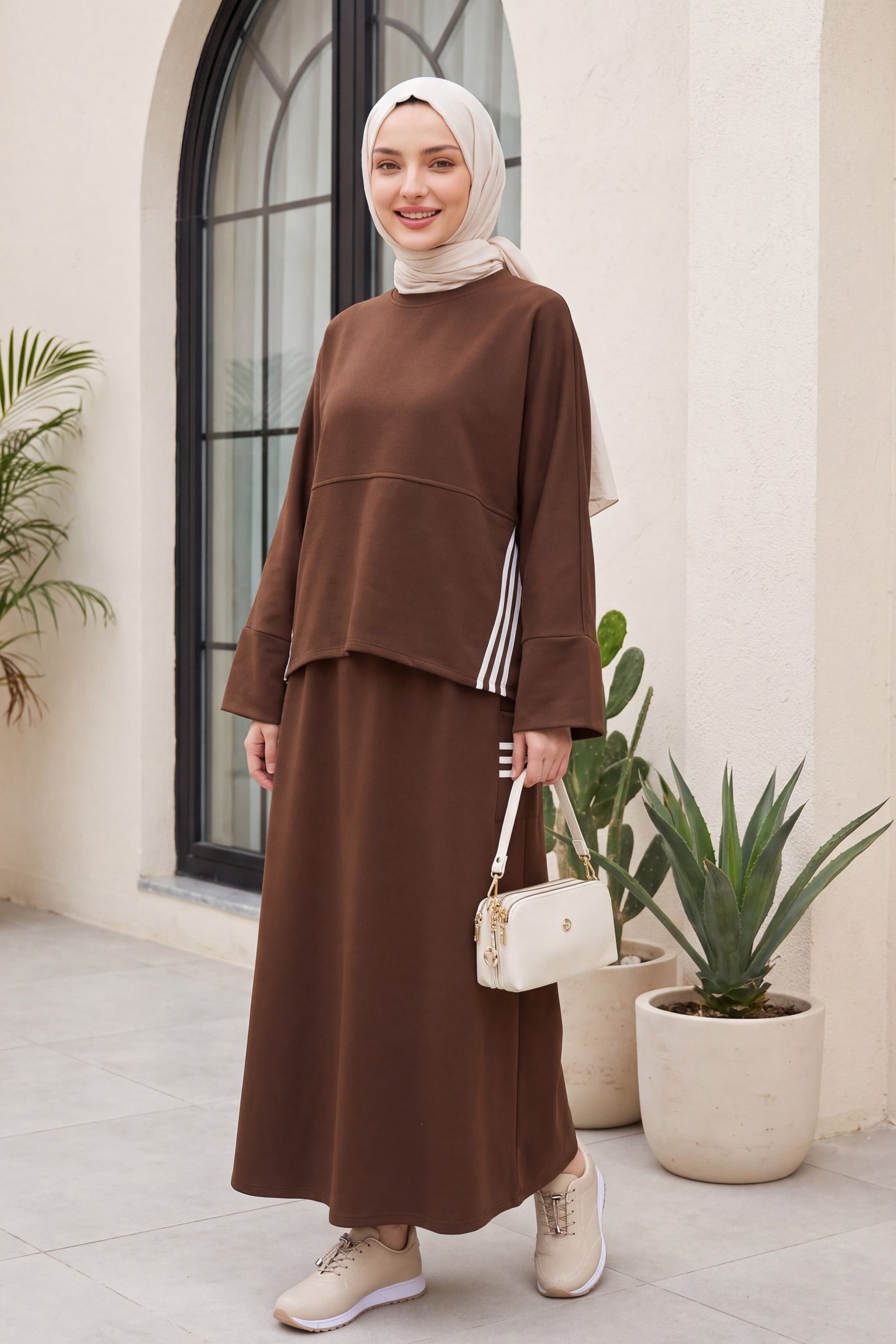 Round Neck Stripe Detail Elastic Waist Skirt Two-Piece Knit Set - Brown - Podyumplus - by Peralane
