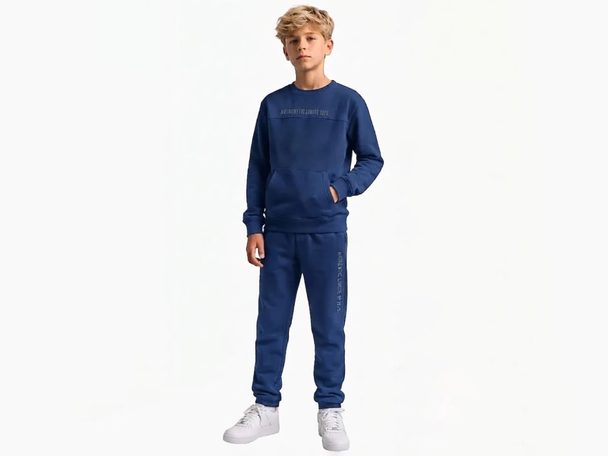 Boys' 3-Thread Fleece Tracksuit Set with Authentic Print - Navy - Koska - by Peralane