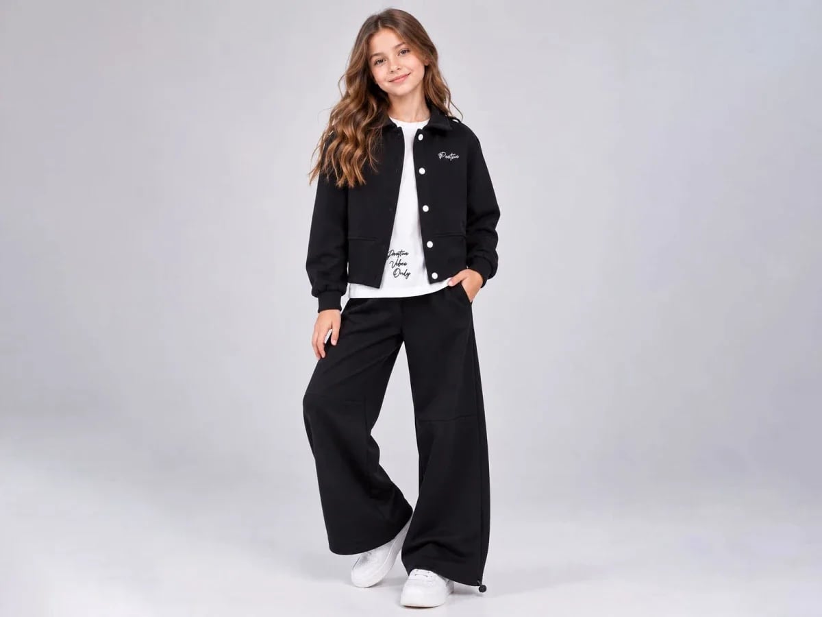 Girls' Tracksuit Set with Black Jacket and Wide-Leg Trousers - ÖZ Bebe - by Peralane