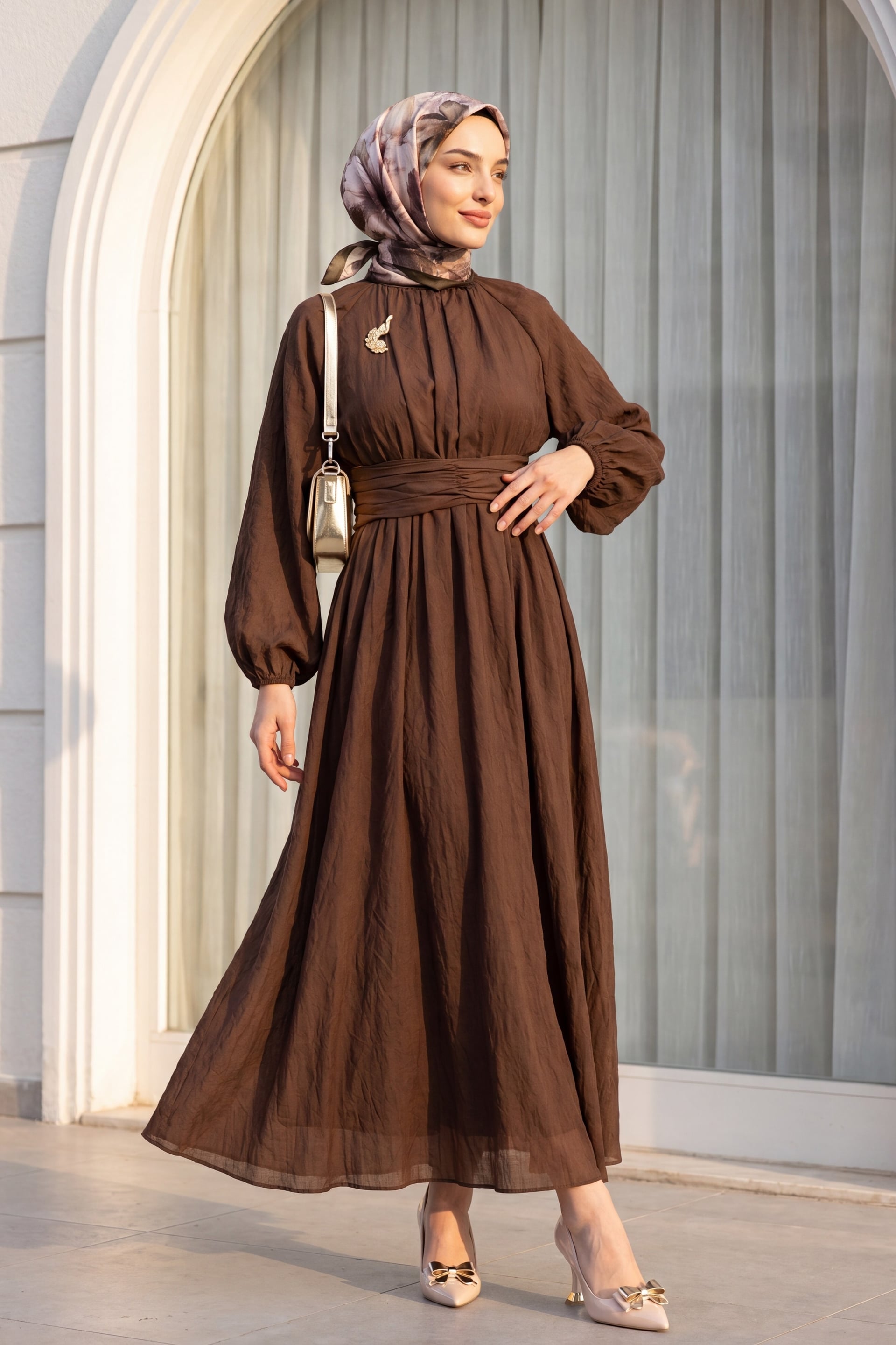 Belted Linen Look Dress with Brooch - Dark Brown - Podyumplus - by Peralane