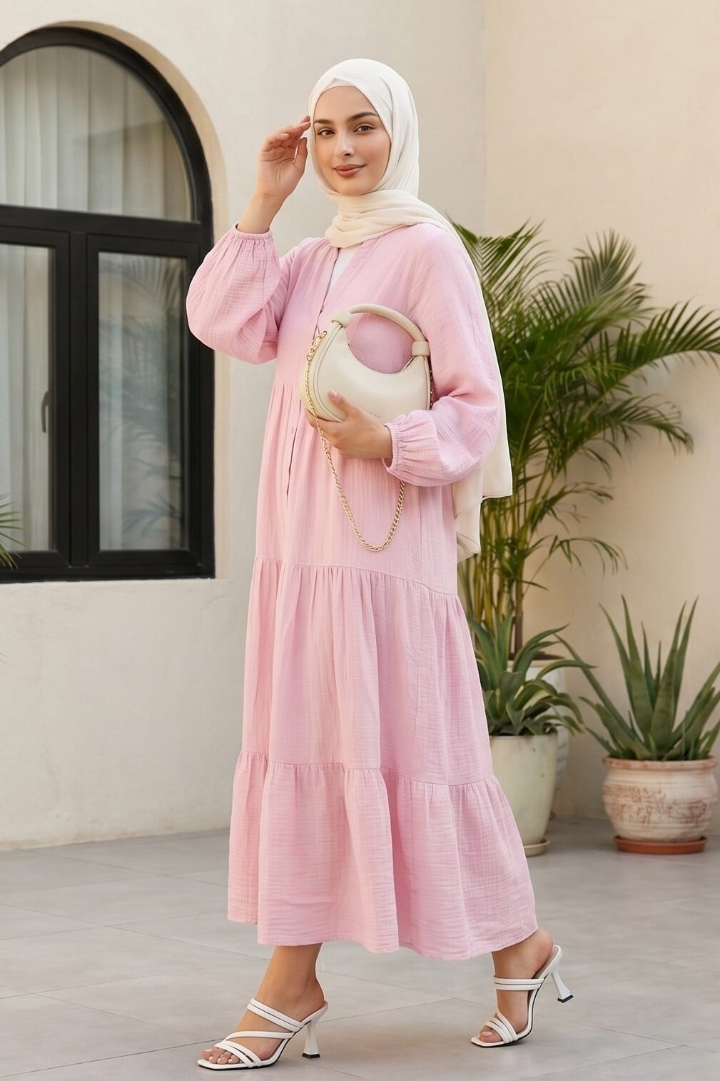 V-Neck Half Button Tiered Muslin Dress with Elasticated Cuffs - Pink - Podyumplus - by Peralane - photo 3