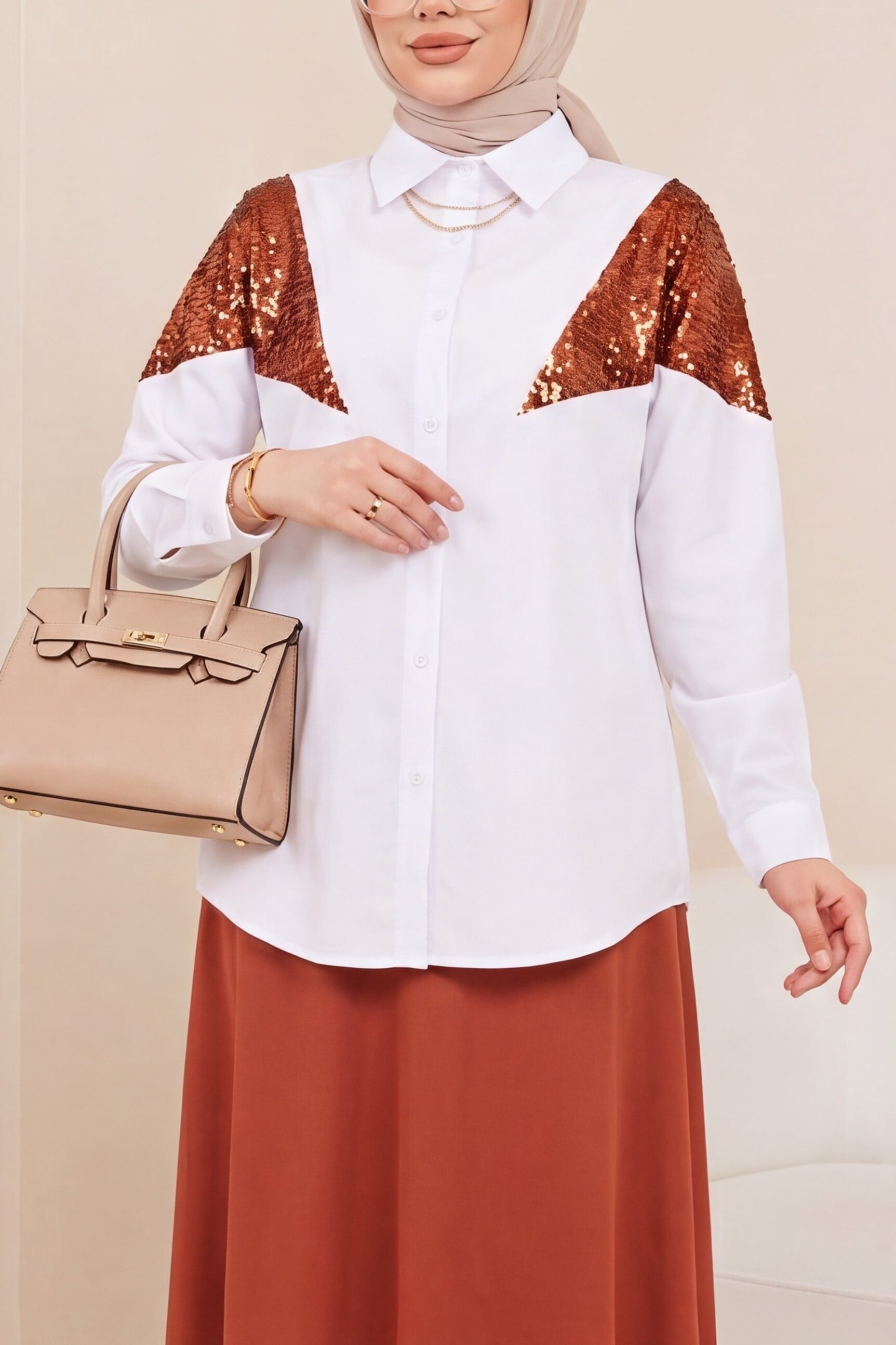 Sequin Detail Relaxed Blouse - Brick - Podyumplus - by Peralane