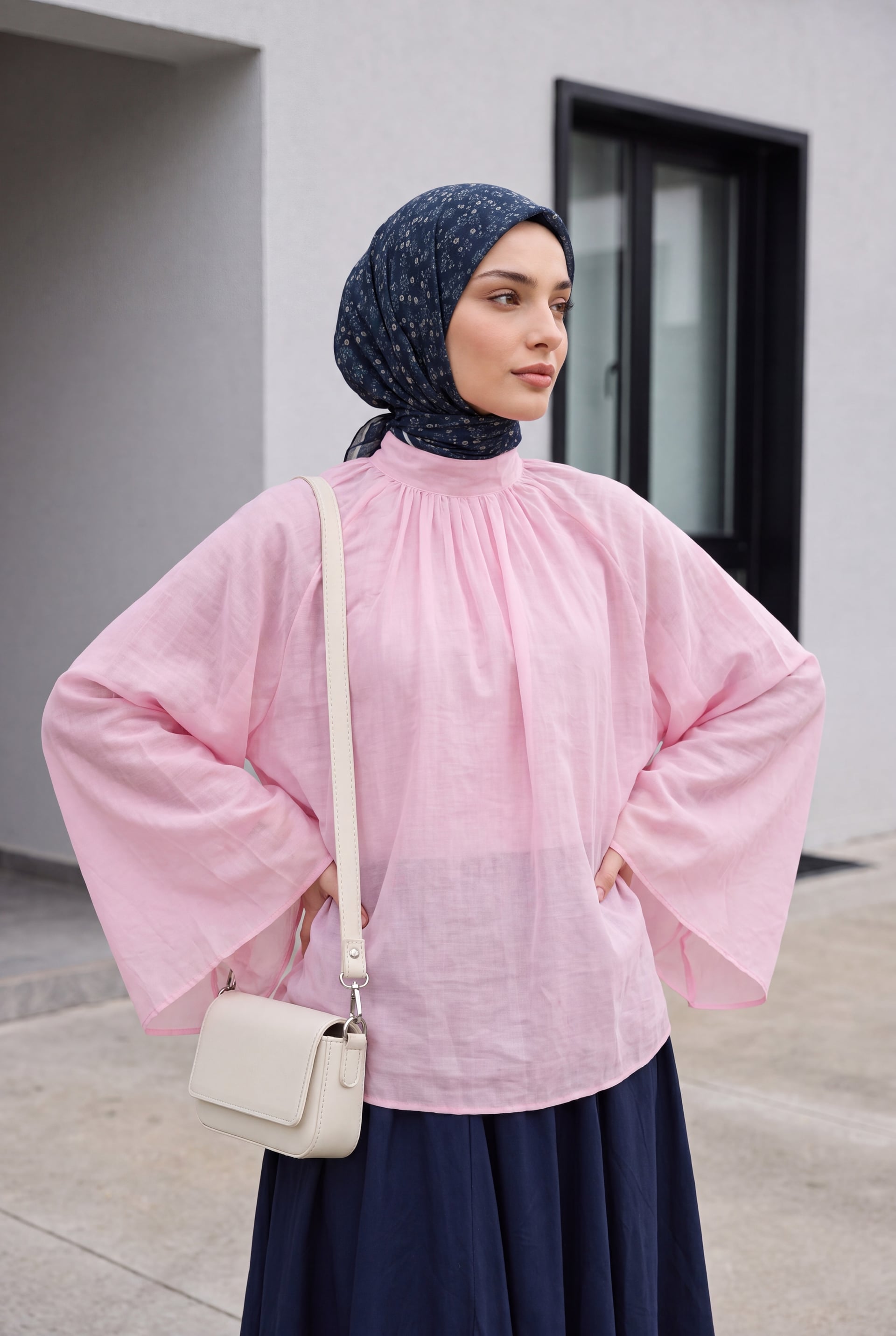 Pink Long-Sleeved Voile Blouse with High Neck and Spanish Sleeves - Podyumplus - by Peralane